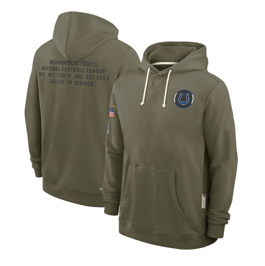 IN.Colts Olive 2025 Salute to Service Sideline Standard Issue Dri-FIT Hoodie Stitched American Football Jerseys - Main View