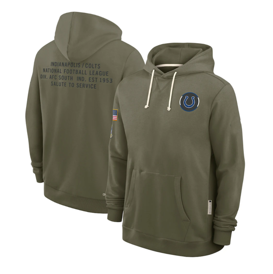 IN.Colts Olive 2025 Salute to Service Sideline Standard Issue Dri-FIT Hoodie Stitched American Football Jerseys - Main View