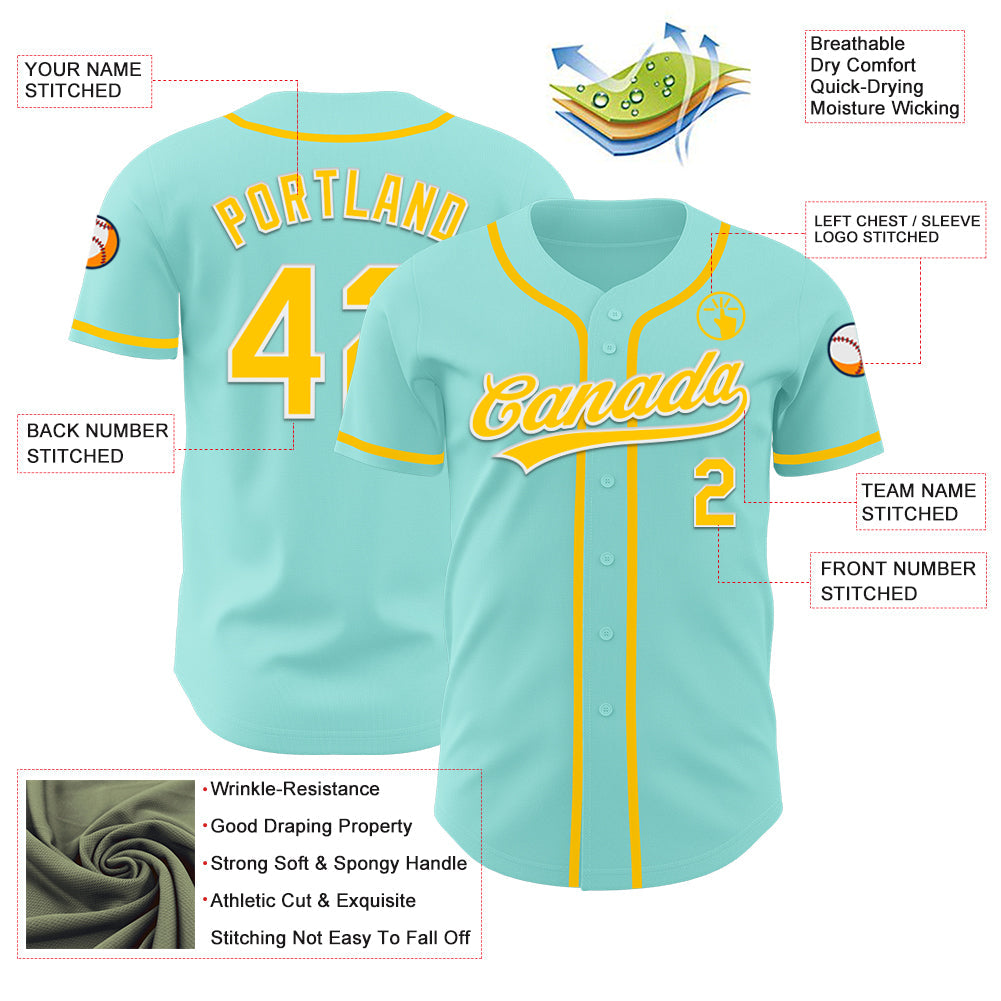 Custom Ice Blue Yellow-White Authentic Baseball Jersey view 3