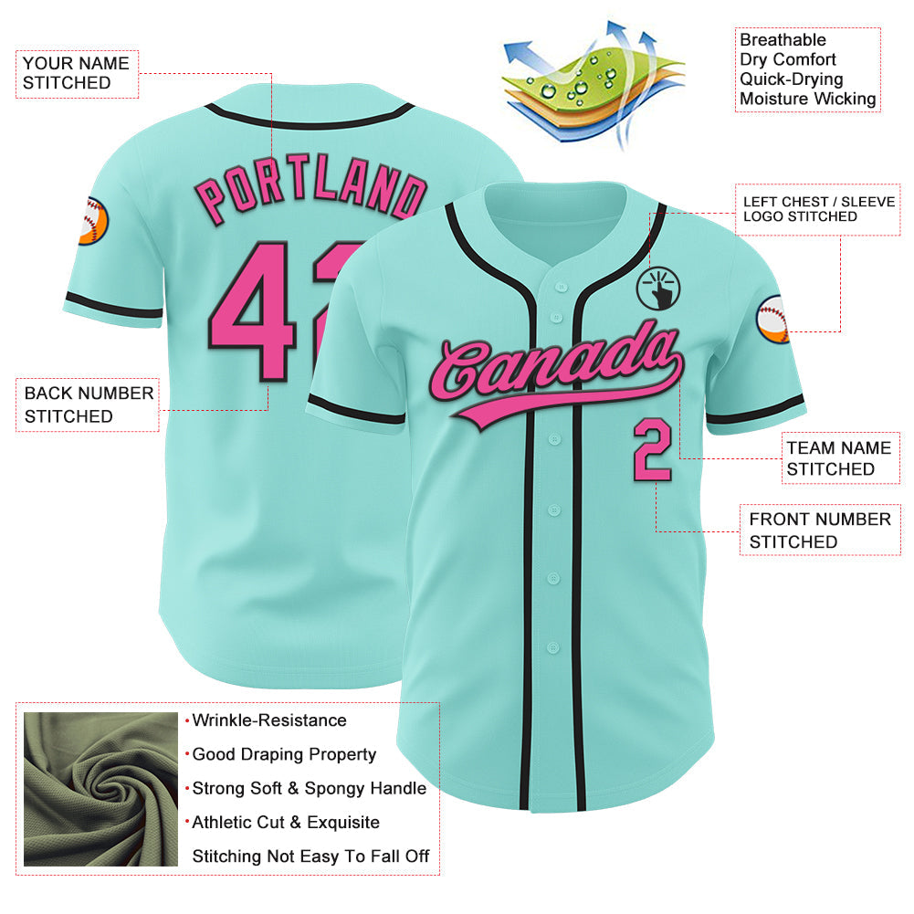 Custom Ice Blue Pink-Black Authentic Baseball Jersey view 3