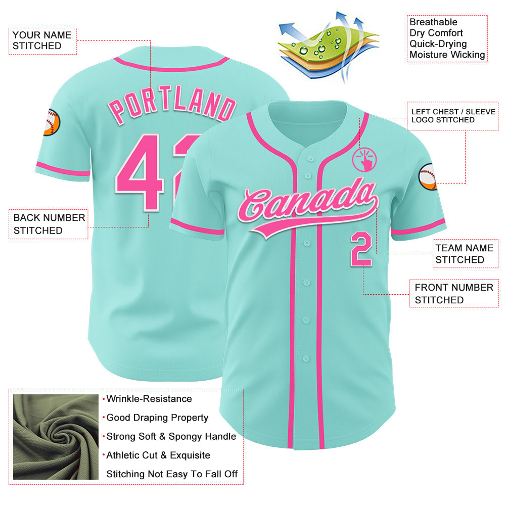 Custom Ice Blue Pink-White Authentic Baseball Jersey view 3