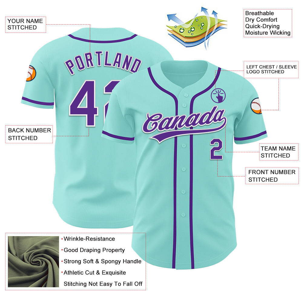 Custom Ice Blue Purple-White Authentic Baseball Jersey view 3