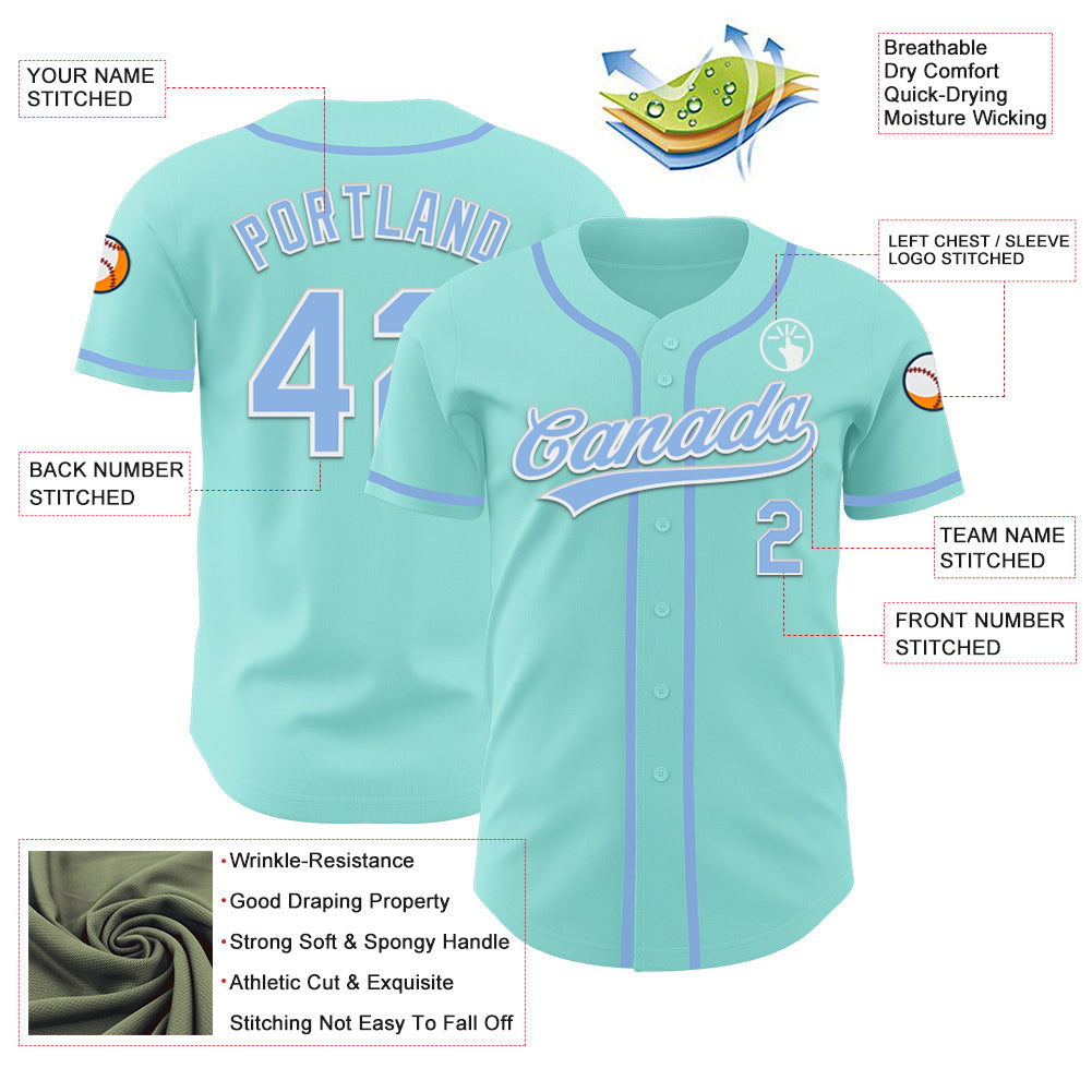 Custom Ice Blue Light Blue-White Authentic Baseball Jersey view 3
