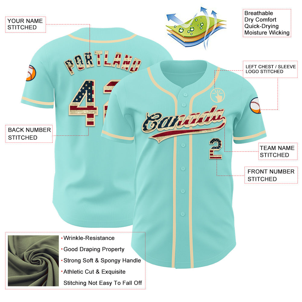 Custom Ice Blue Vintage USA Flag-Cream Authentic Baseball Jersey view 3