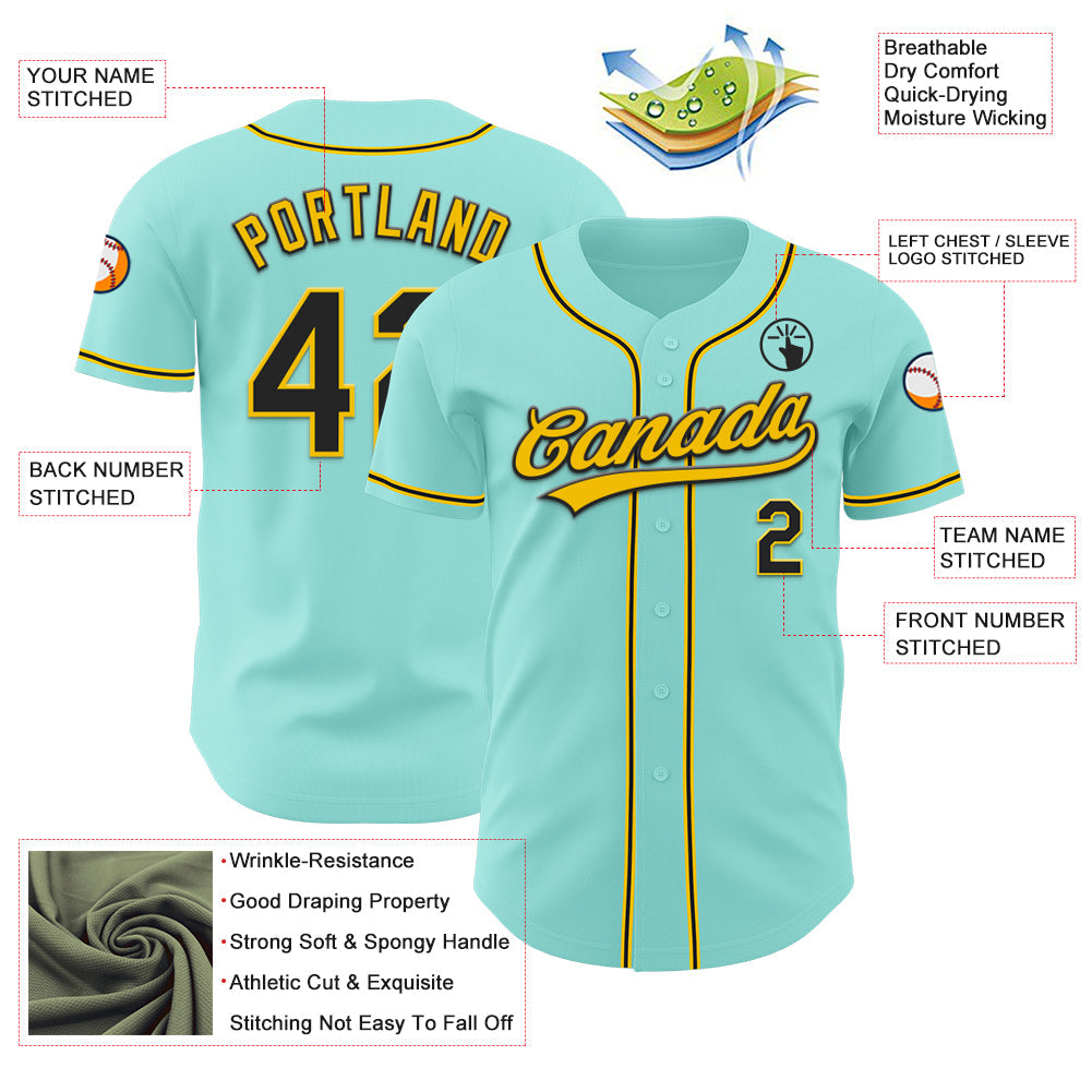 Custom Ice Blue Black-Yellow Authentic Baseball Jersey view 3