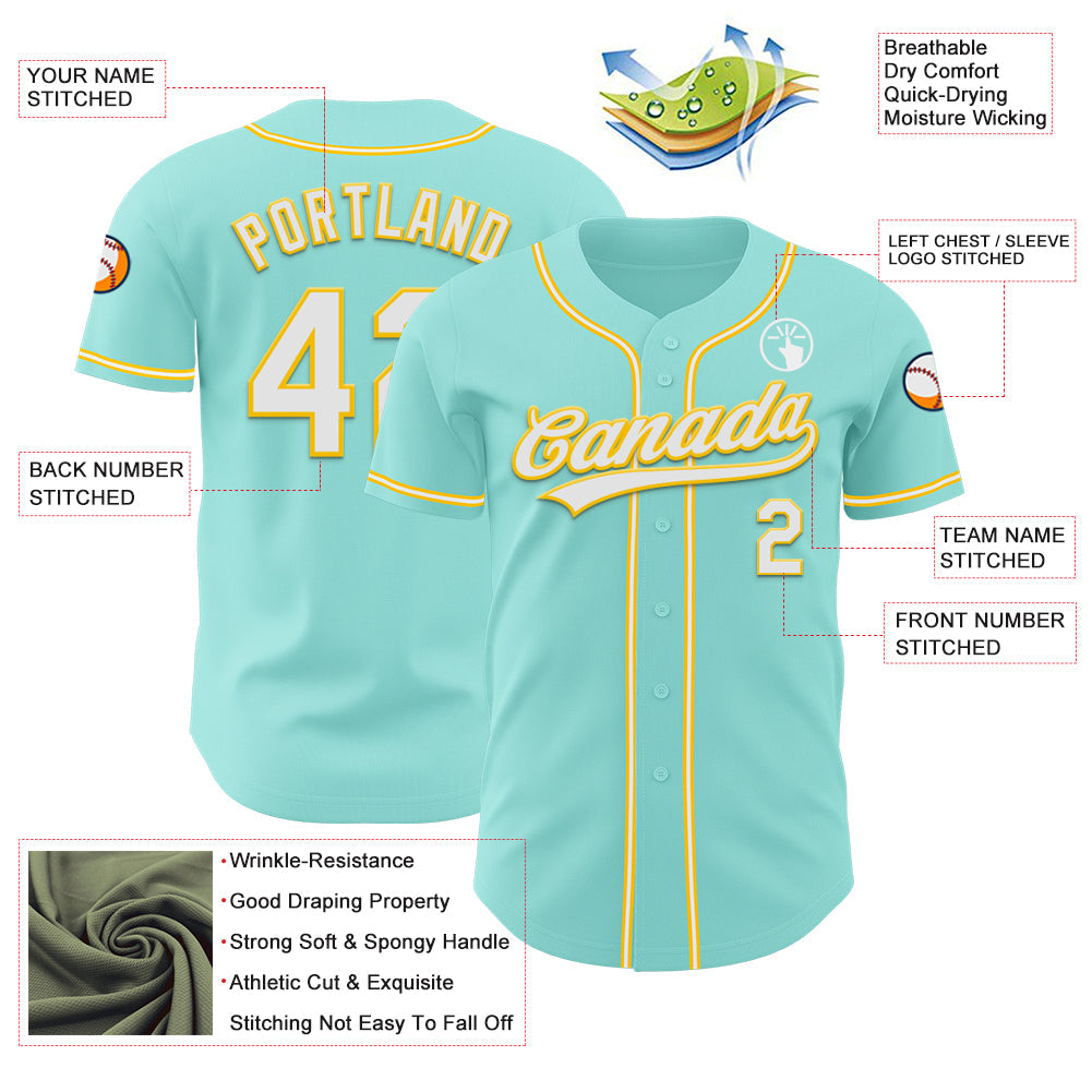 Custom Ice Blue White-Yellow Authentic Baseball Jersey view 3