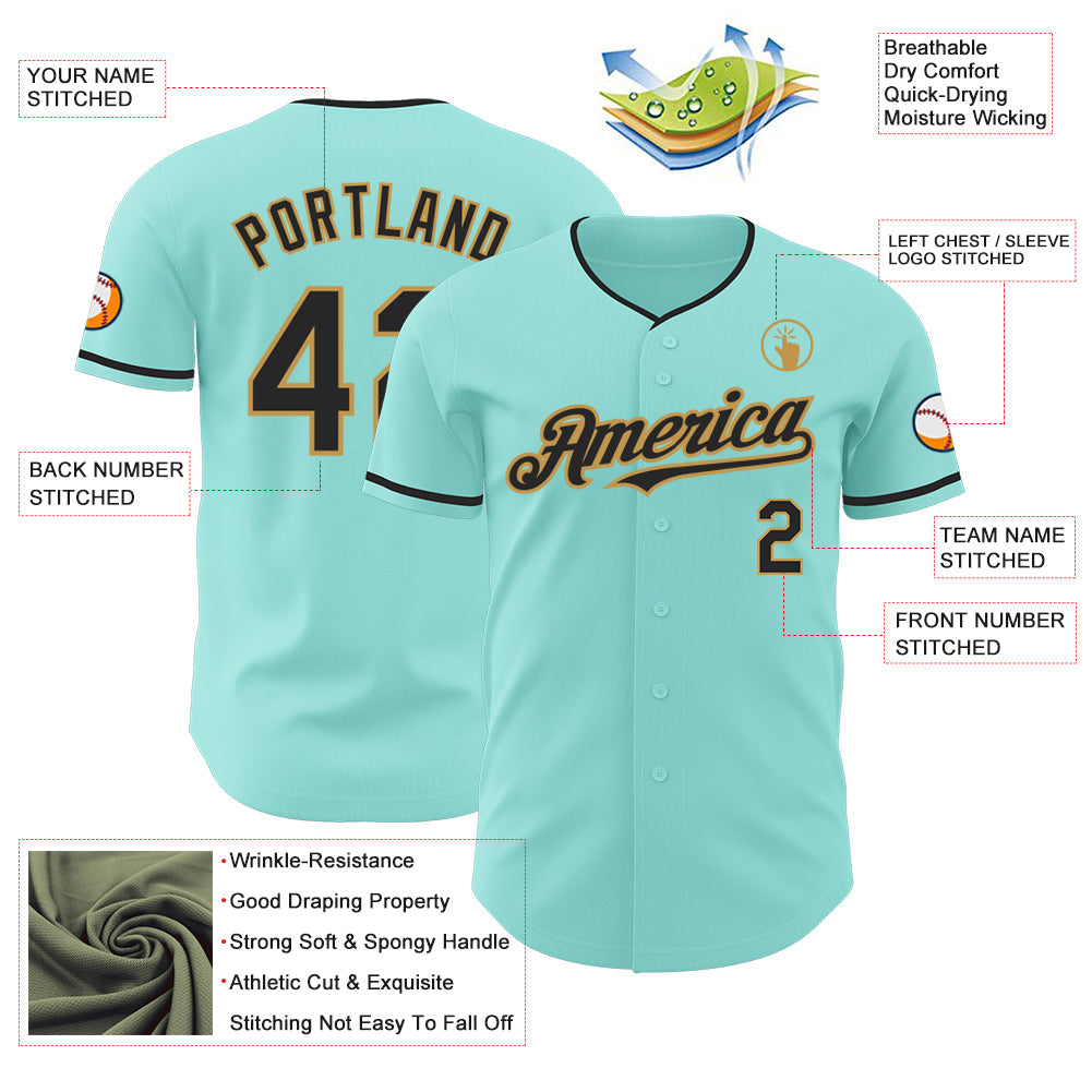 Custom Ice Blue Black-Old Gold Authentic Baseball Jersey view 3