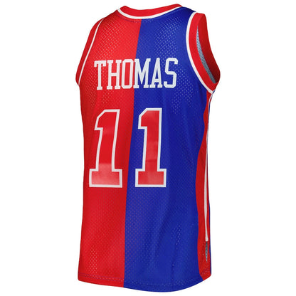 D.Pistons #11 Isaiah Thomas Mitchell & Ness Hardwood Classics 1988-89 Split Swingman Jersey Blue Red Stitched American Basketball Jersey - Main View