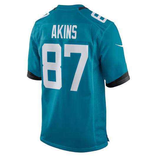 J.Jaguars #87 Jordan Akins Teal Team Game American Football Jersey - Main View