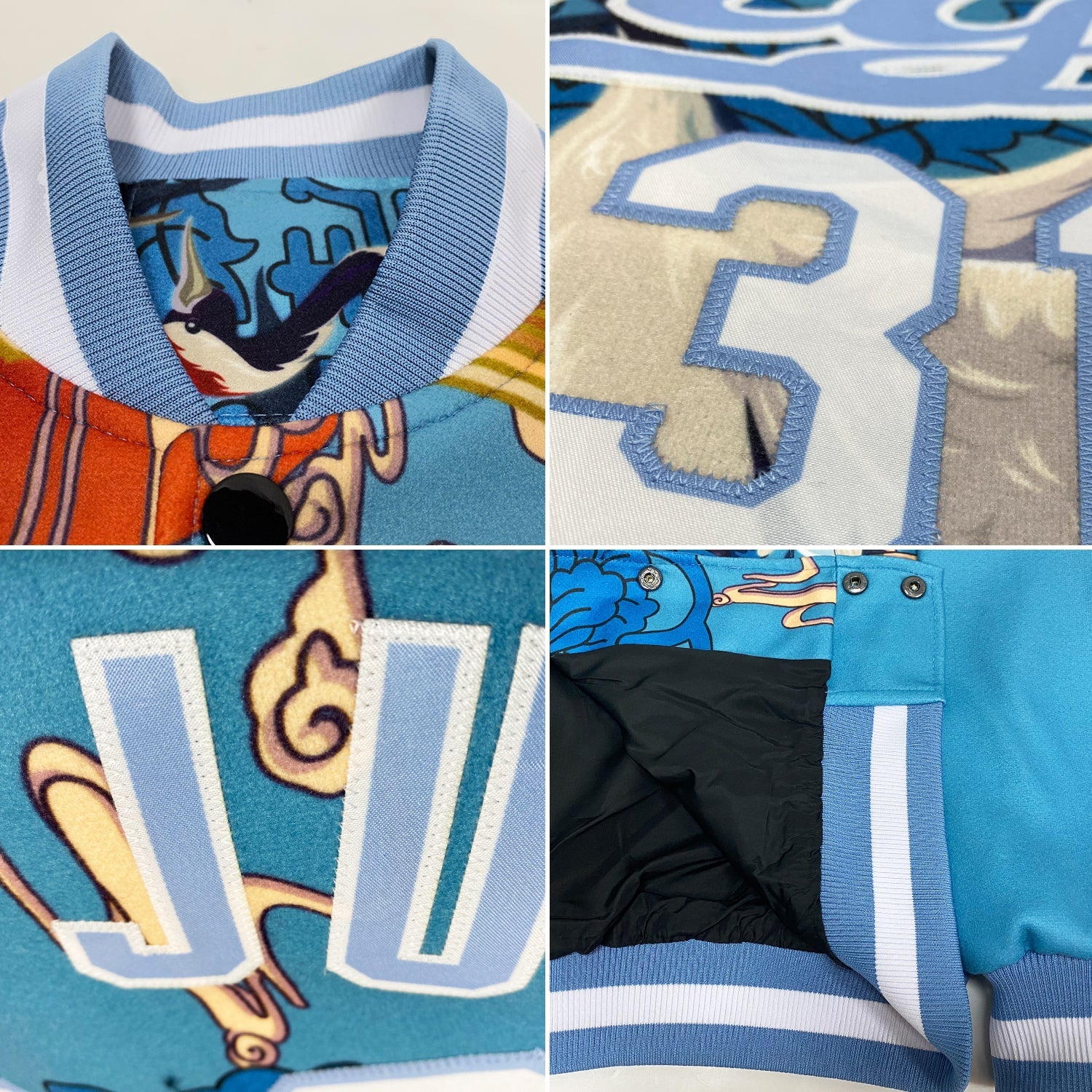 Custom Light Blue White Heron And Cloud 3D Pattern Design Bomber Full-Snap Varsity Letterman Jacket view 4