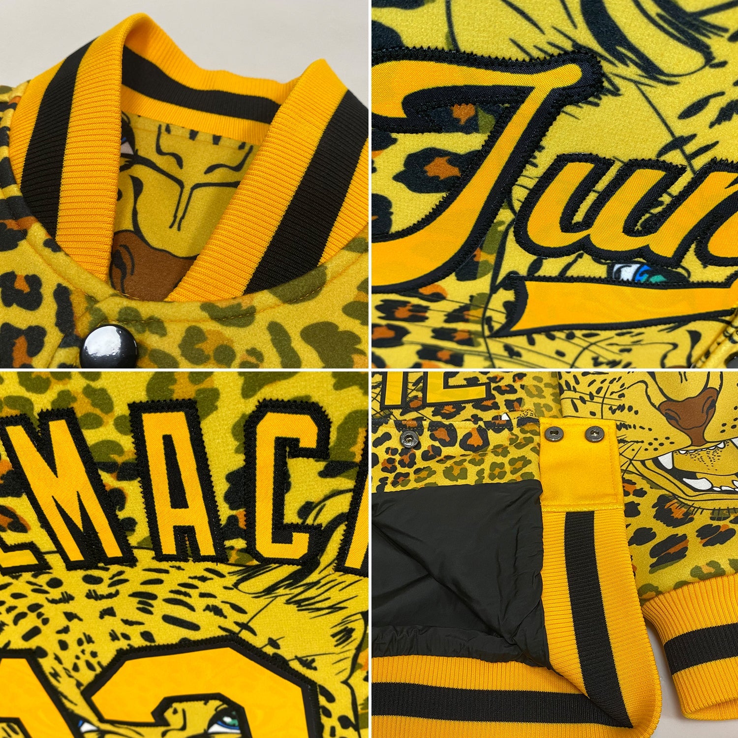 Custom Gold Black Leopard 3D Pattern Design Bomber Full-Snap Varsity Letterman Jacket view 4