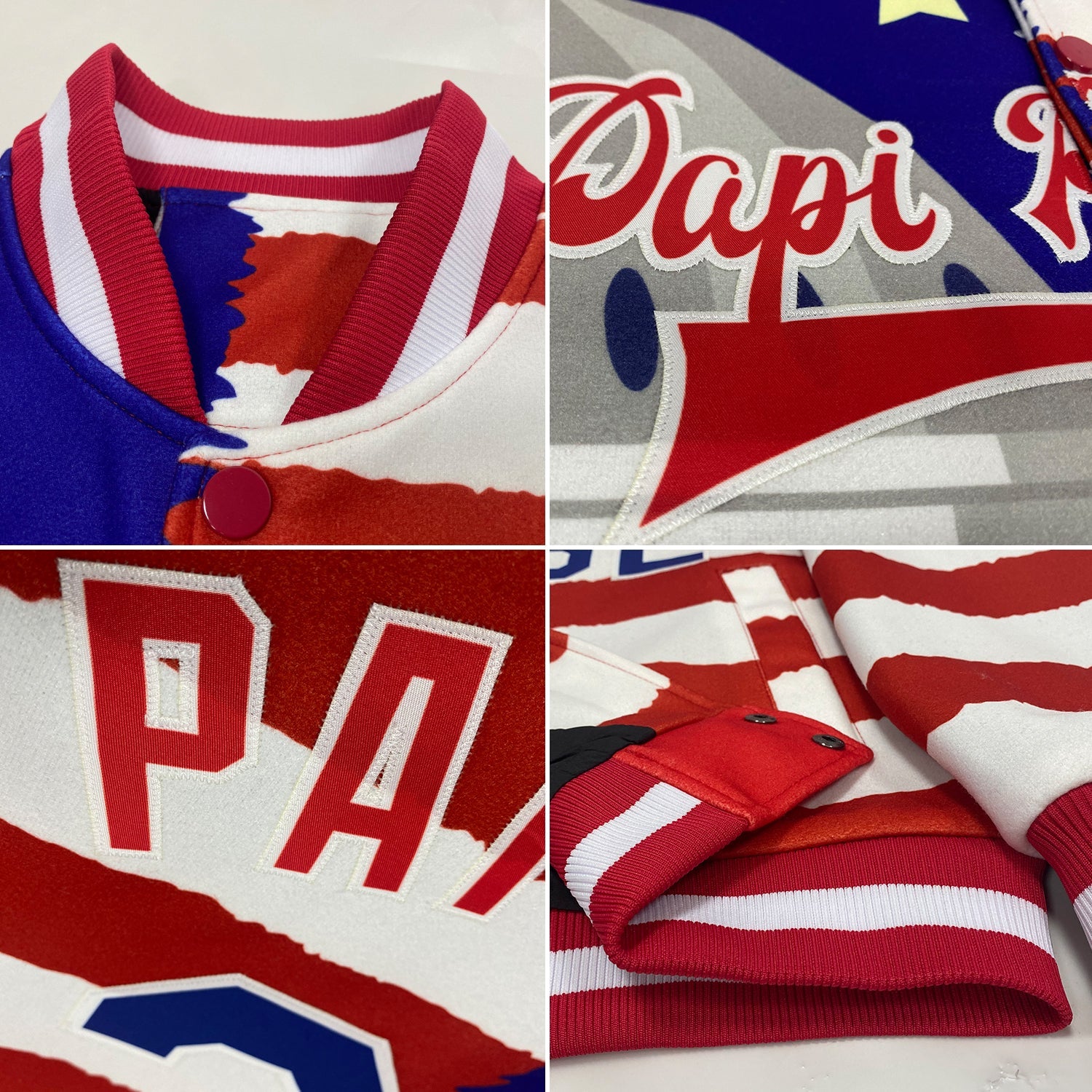 Custom White US Navy Blue Red-Royal American Flag Fashion United States Congress Building 3D Pattern Design Bomber Full-Snap Varsity Letterman Jacket view 4