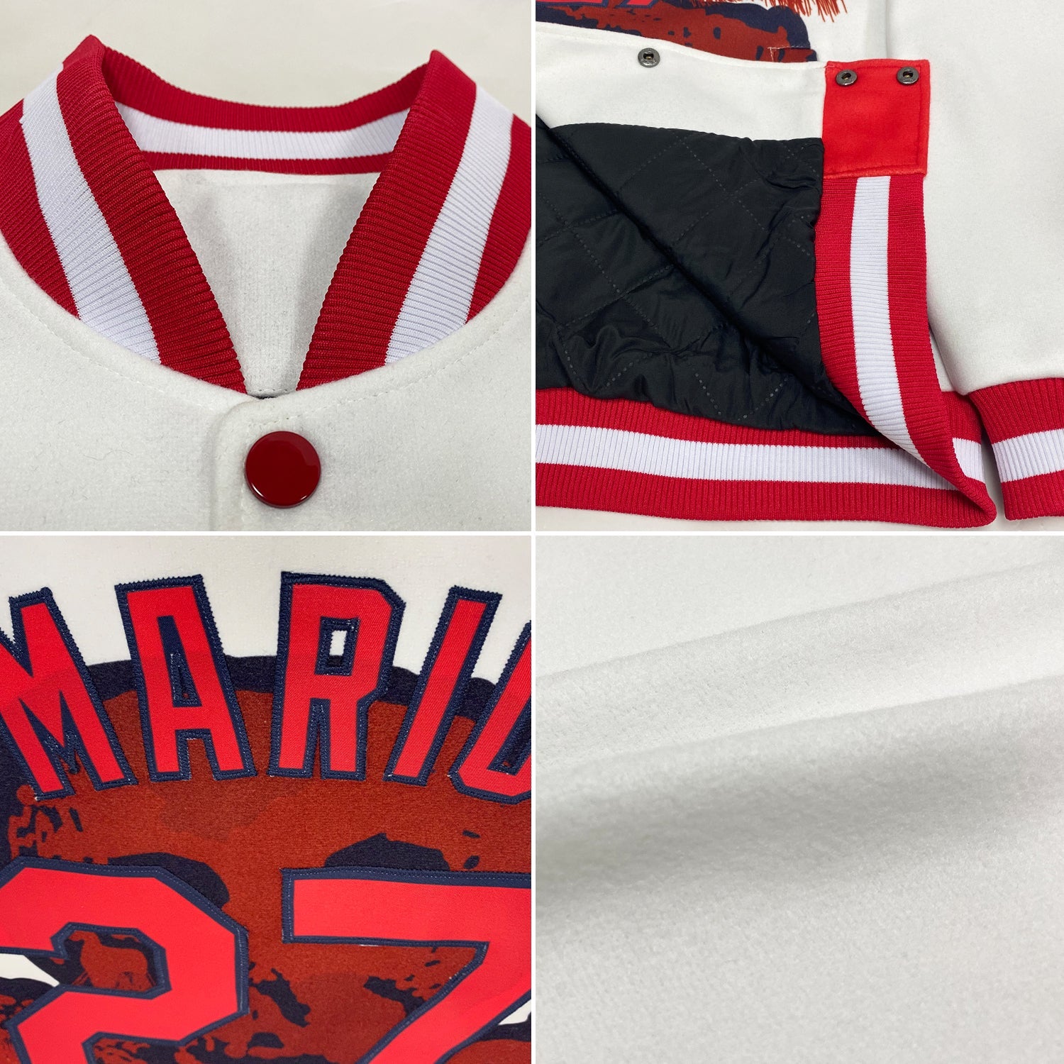 Custom White Red-Navy Skull Fashion 3D Bomber Full-Snap Varsity Letterman Jacket view 4