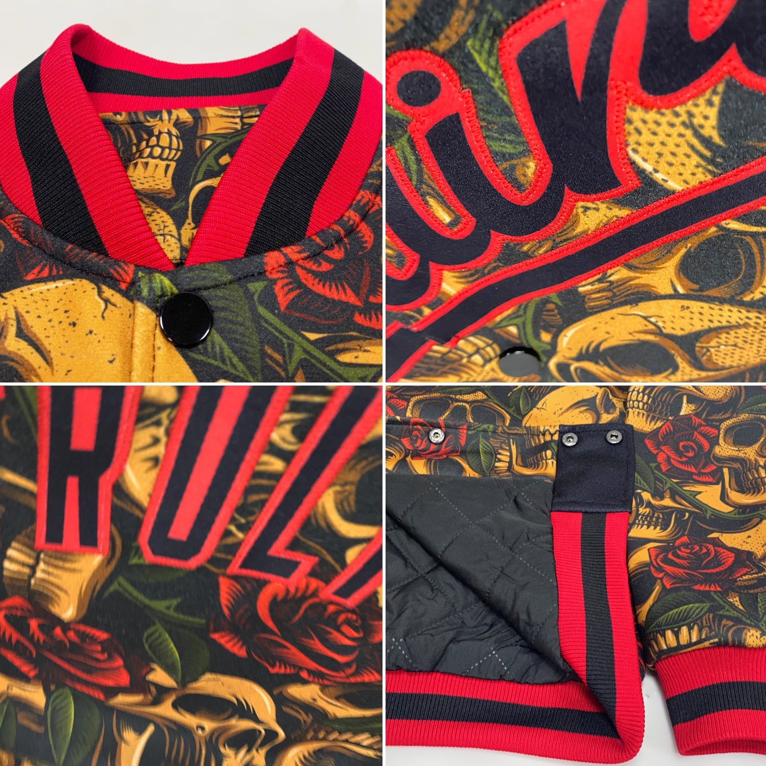 Custom Black Red Rose Skull Fashion 3D Bomber Full-Snap Varsity Letterman Jacket view 4