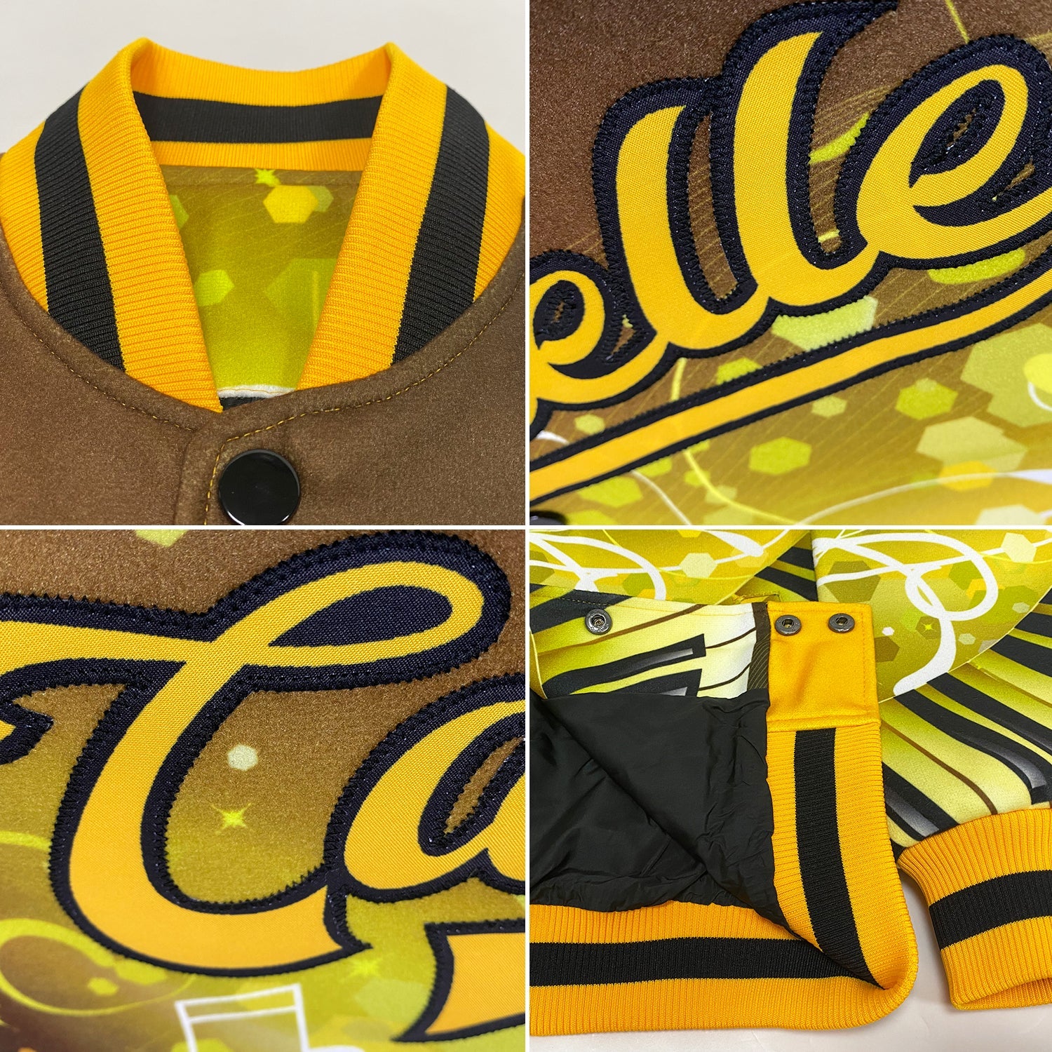 Custom Brown Gold-Black Piano Music Festival 3D Pattern Design Bomber Full-Snap Varsity Letterman Jacket view 4