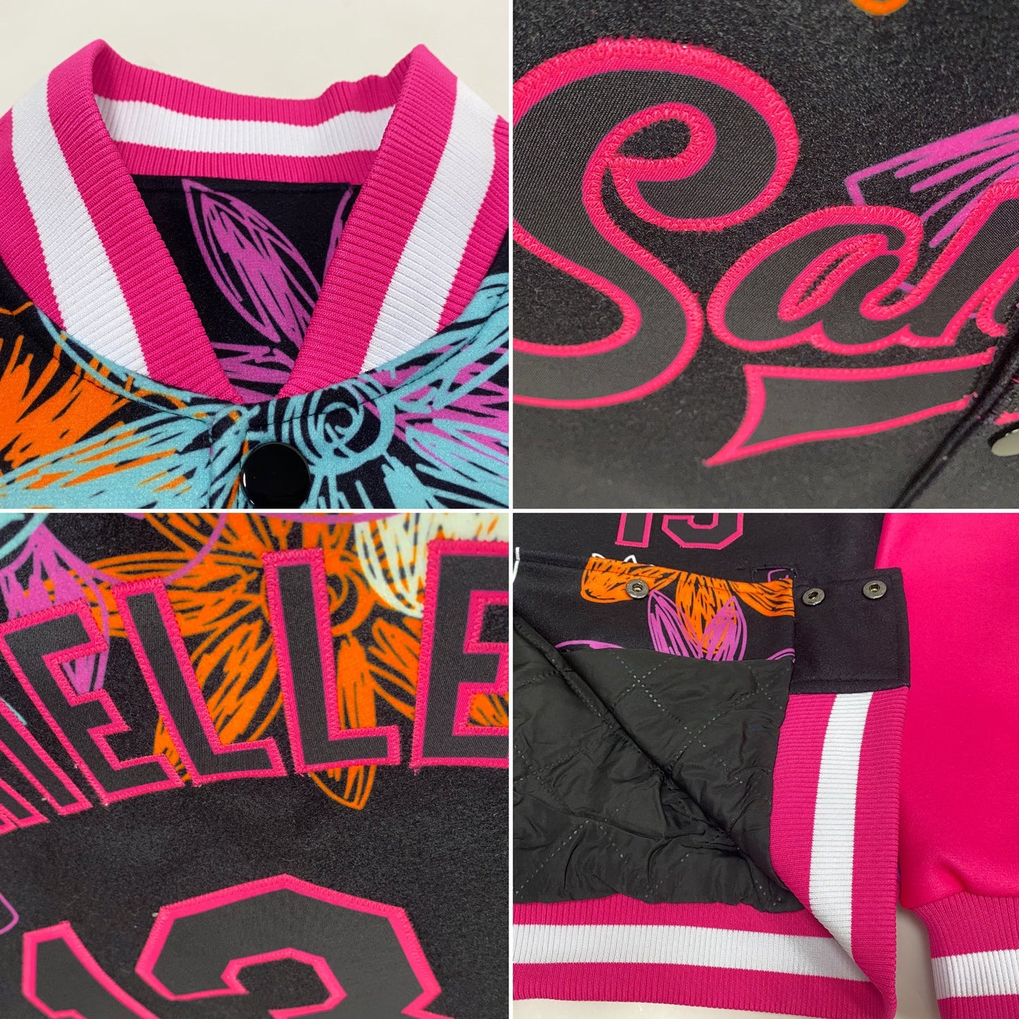 Custom Black Pink Flowers 3D Pattern Design Bomber Full-Snap Varsity Letterman Jacket view 4