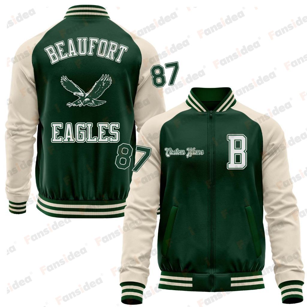 Custom Cream Green Bomber Varsity Letterman Two Tone BEAUFORT EAGLES Right Chest Name Zipper Jacket (Copy) - Main View