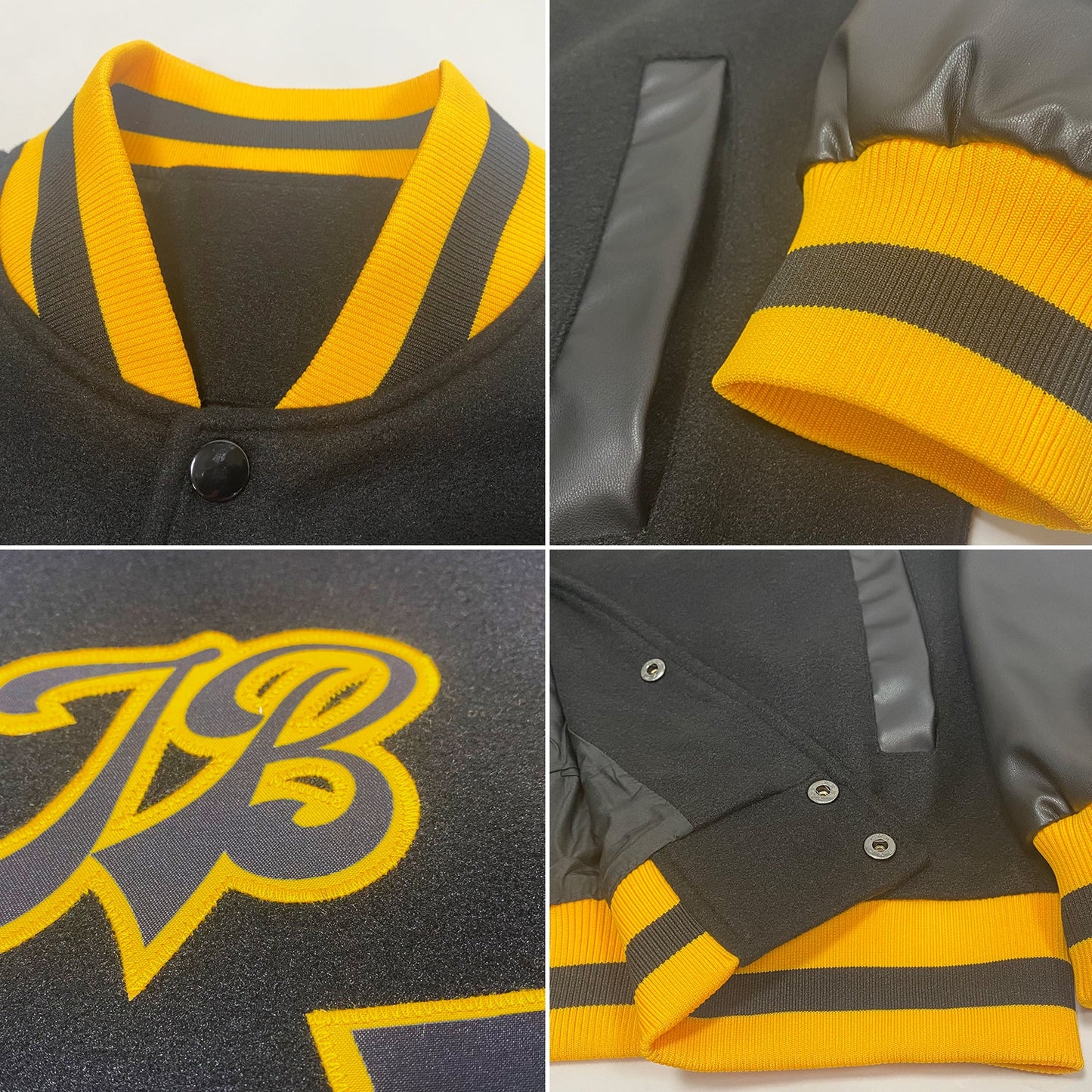 Custom Black Black-Gold Bomber Full-Snap Varsity Letterman Jacket view 4