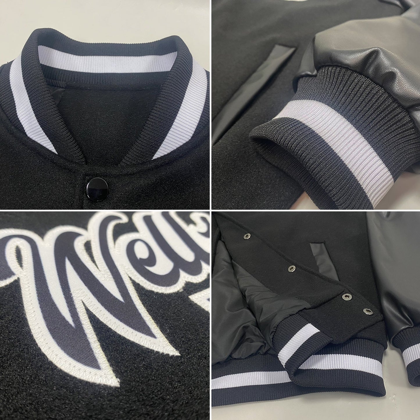 Custom Black Black-White Bomber Full-Snap Varsity Letterman Jacket view 4