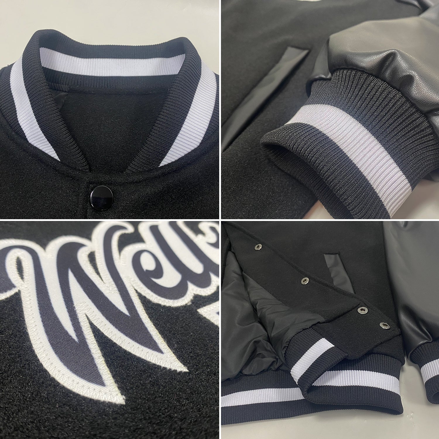 Custom Black Black-White Bomber Full-Snap Varsity Letterman Jacket view 4