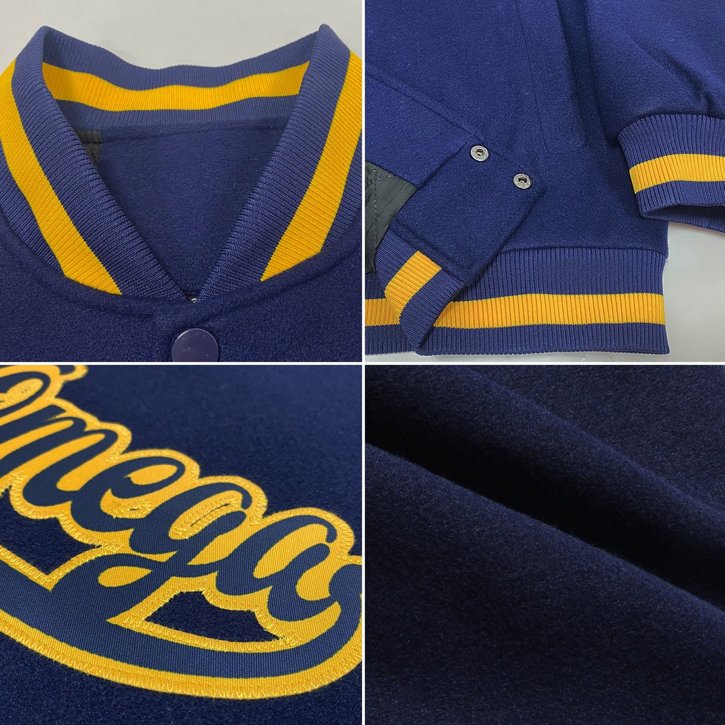 Custom Navy Navy-Gold Bomber Full-Snap Varsity Letterman Jacket view 4