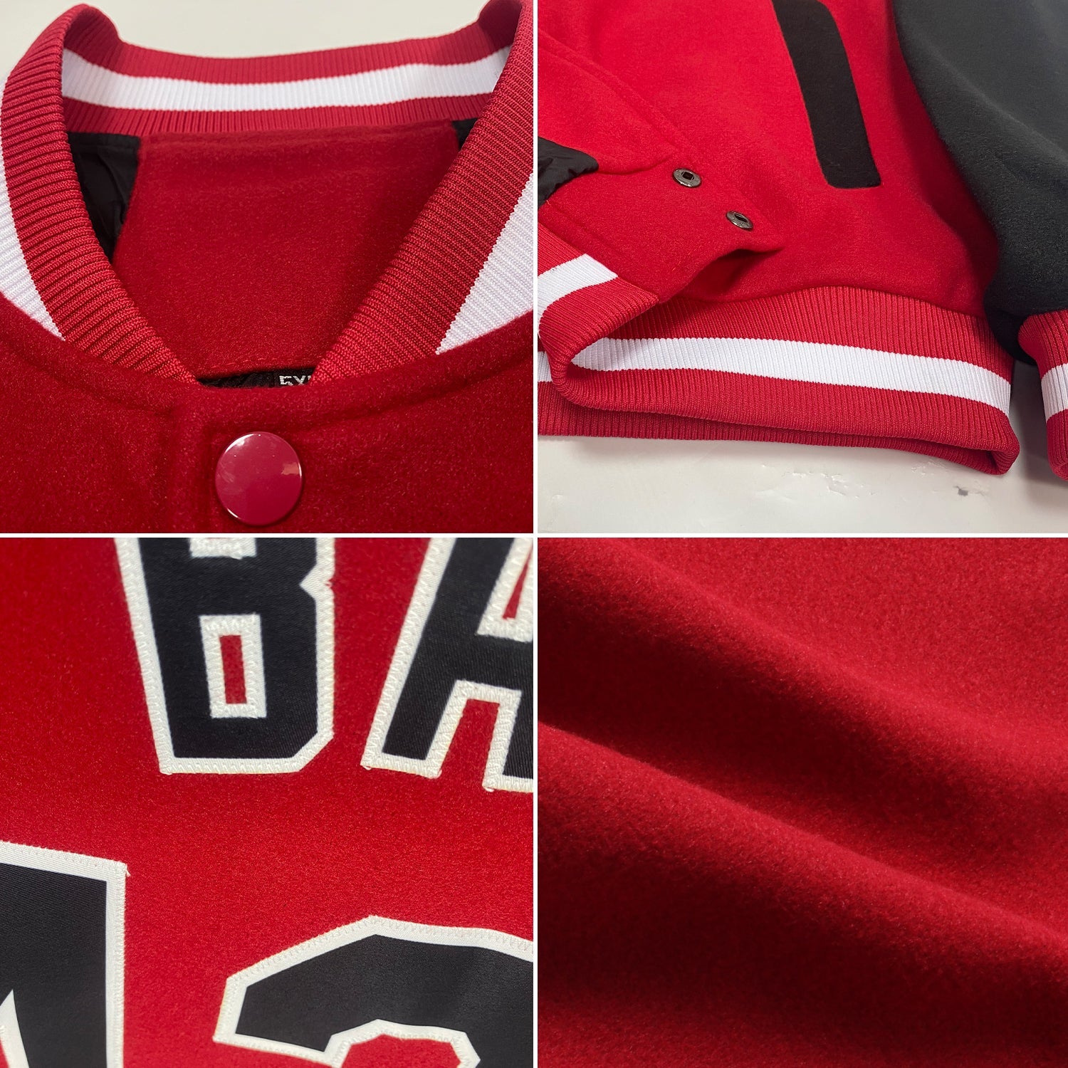 Custom Red Black-White Bomber Full-Snap Varsity Letterman Two Tone Jacket view 4