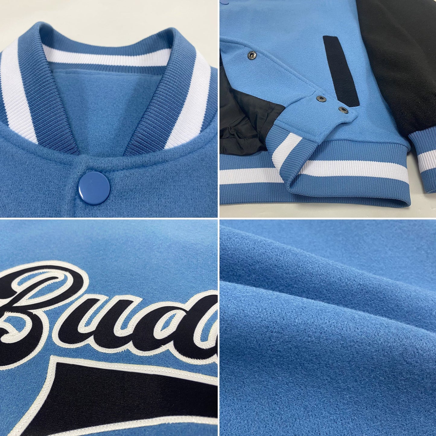 Custom Light Blue Black-White Bomber Full-Snap Varsity Letterman Two Tone Jacket view 4
