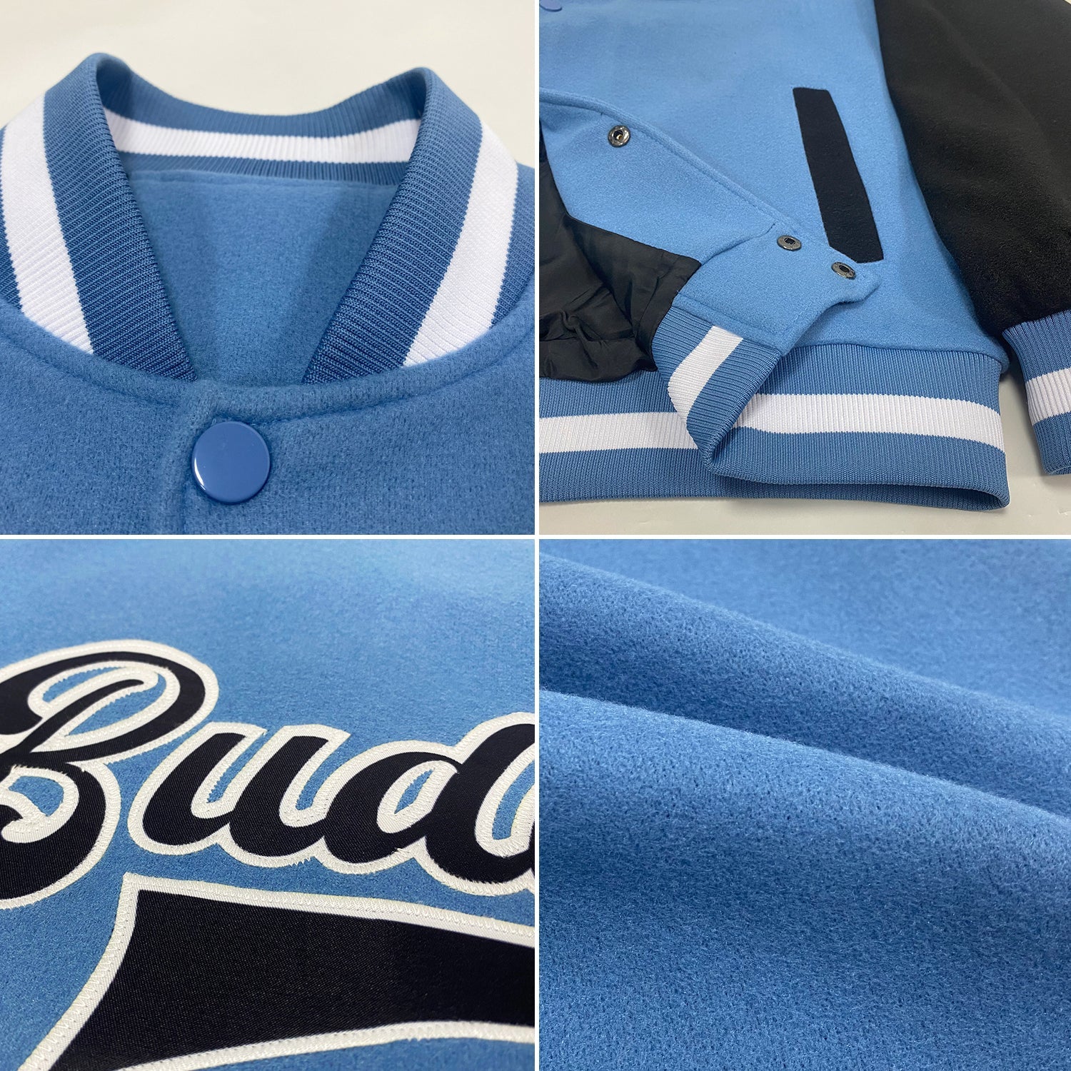 Custom Light Blue Black-White Bomber Full-Snap Varsity Letterman Two Tone Jacket view 4