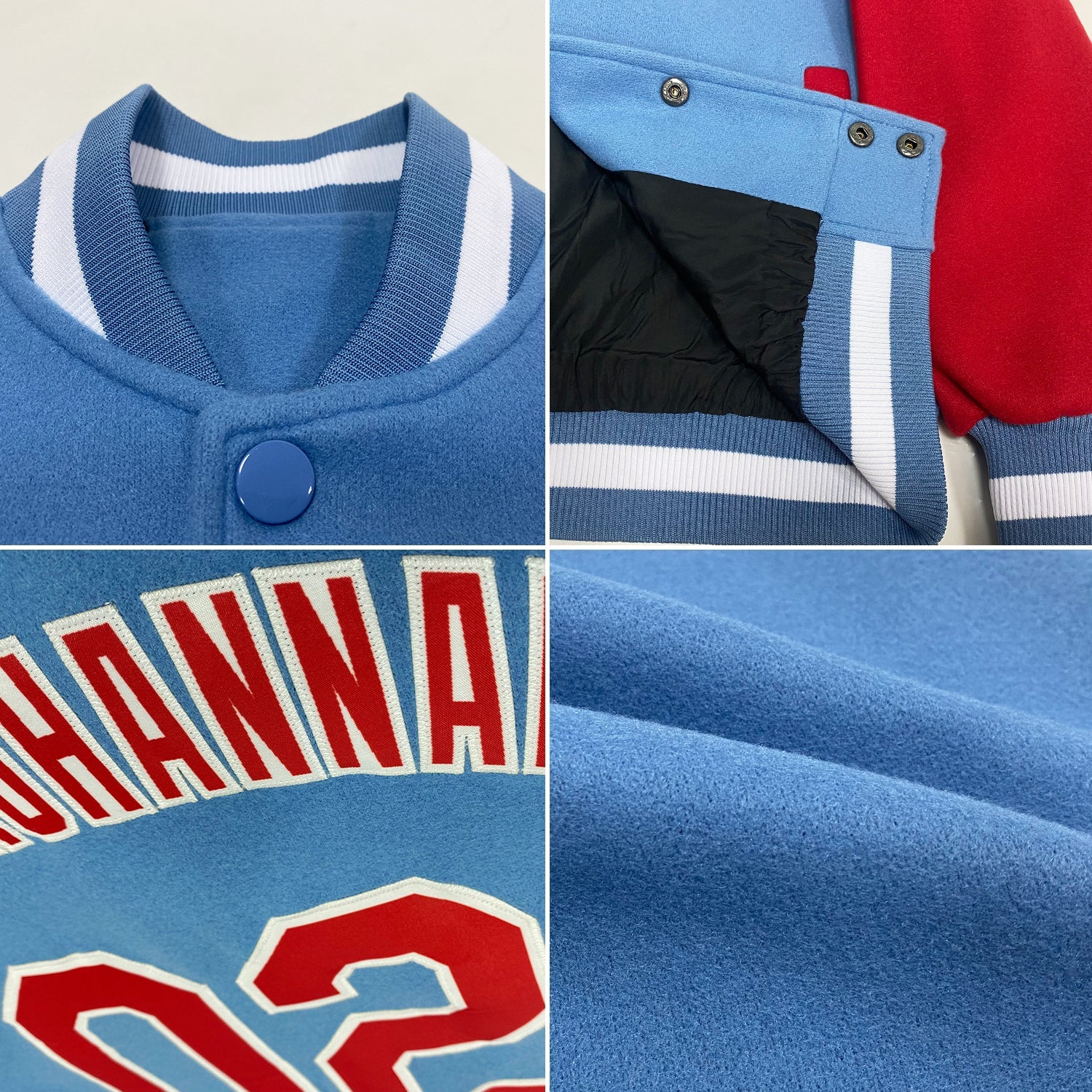 Custom Light Blue Red-White Bomber Full-Snap Varsity Letterman Two Tone Jacket view 4
