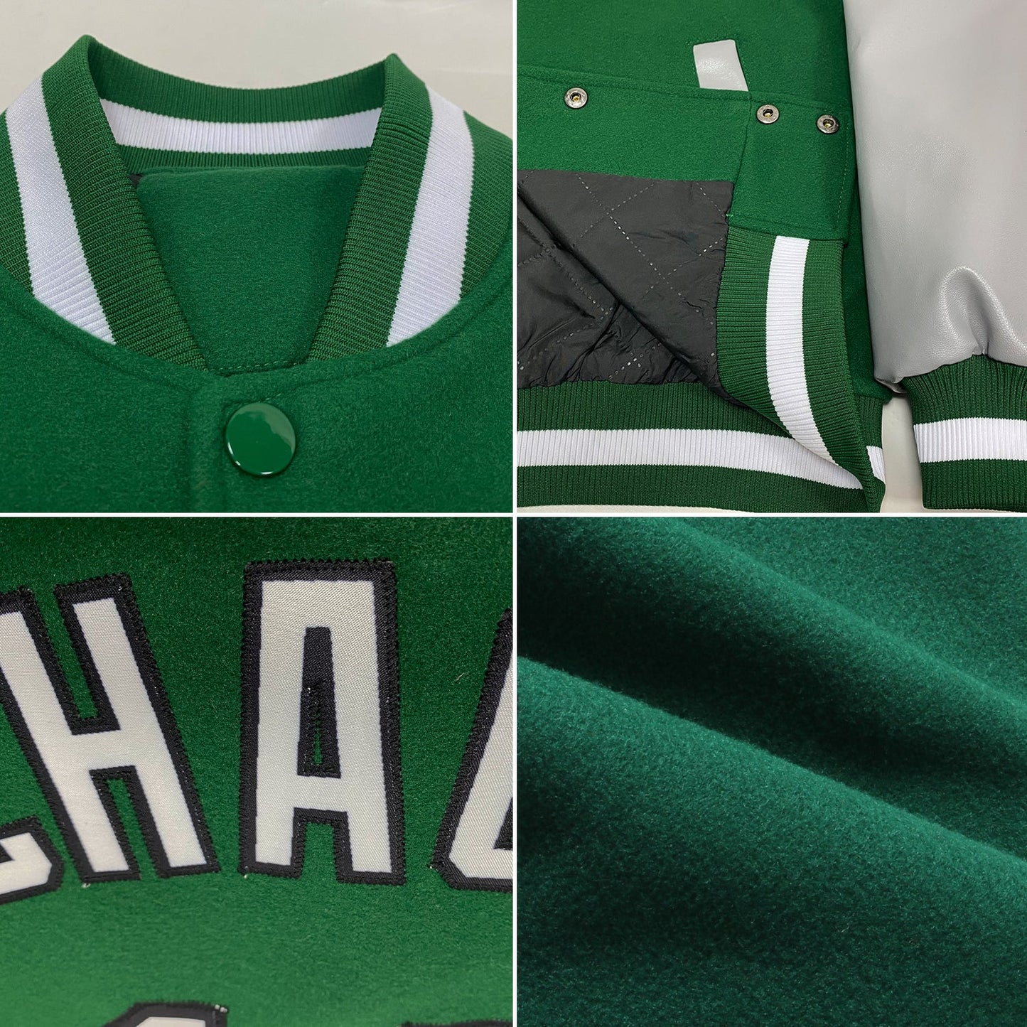 Custom Kelly Green White-Gray Bomber Full-Snap Varsity Letterman Two Tone Jacket view 4