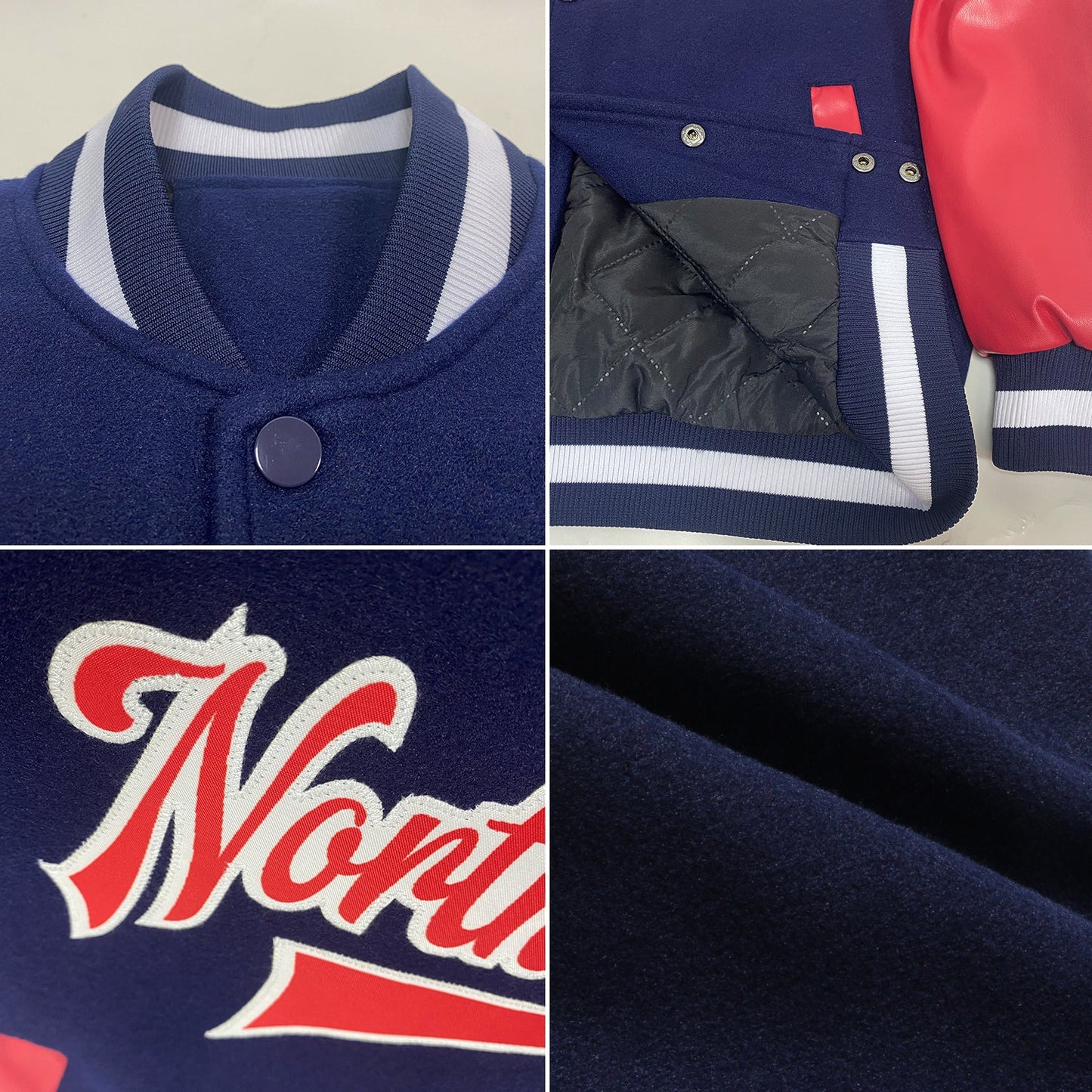Custom Navy Red-White Bomber Full-Snap Varsity Letterman Two Tone Jacket view 4