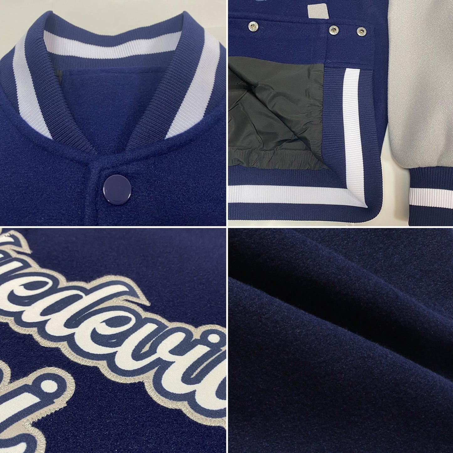 Custom Navy White-Gray Bomber Full-Snap Varsity Letterman Two Tone Jacket view 4