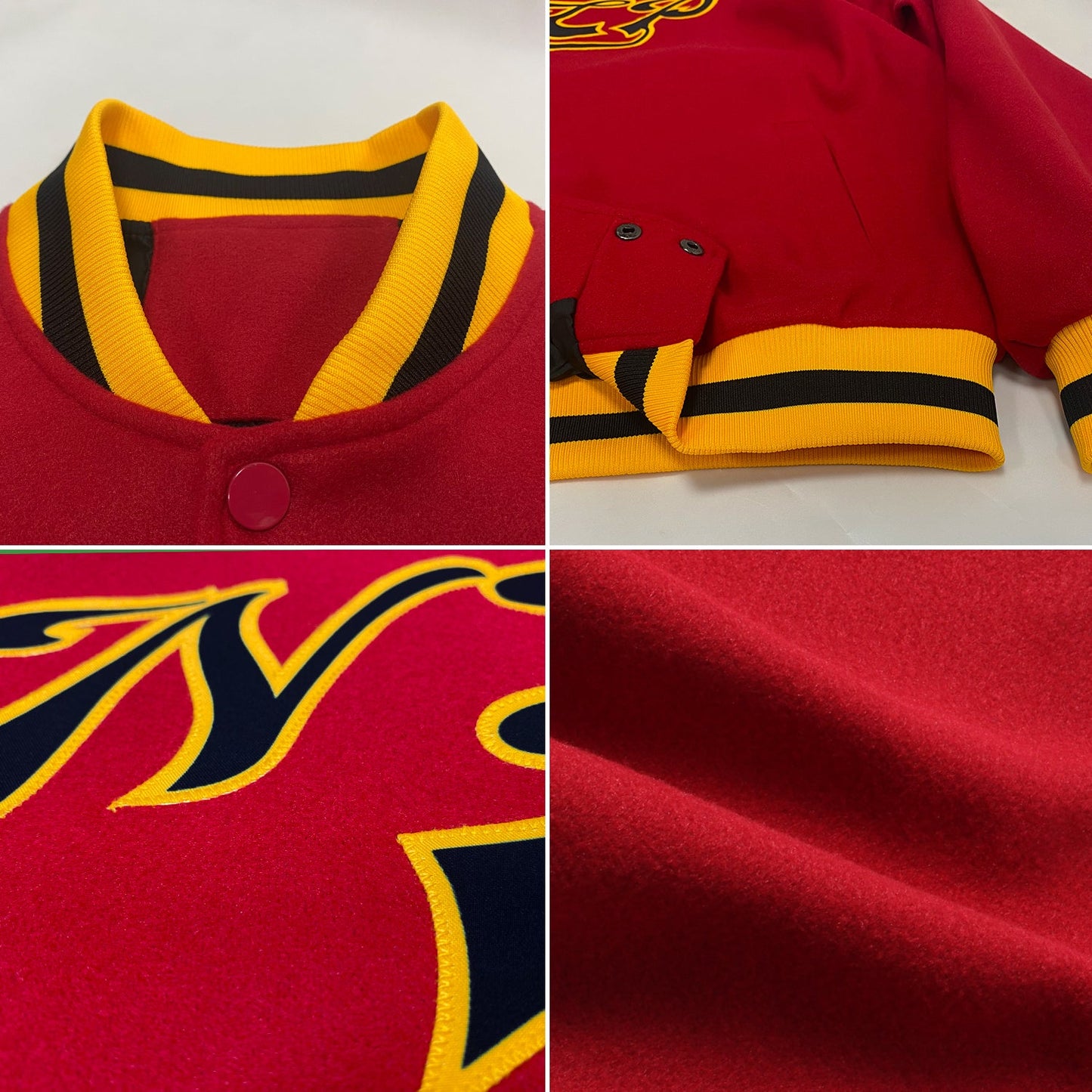 Custom Red Black-Gold Bomber Full-Snap Varsity Letterman Jacket view 4