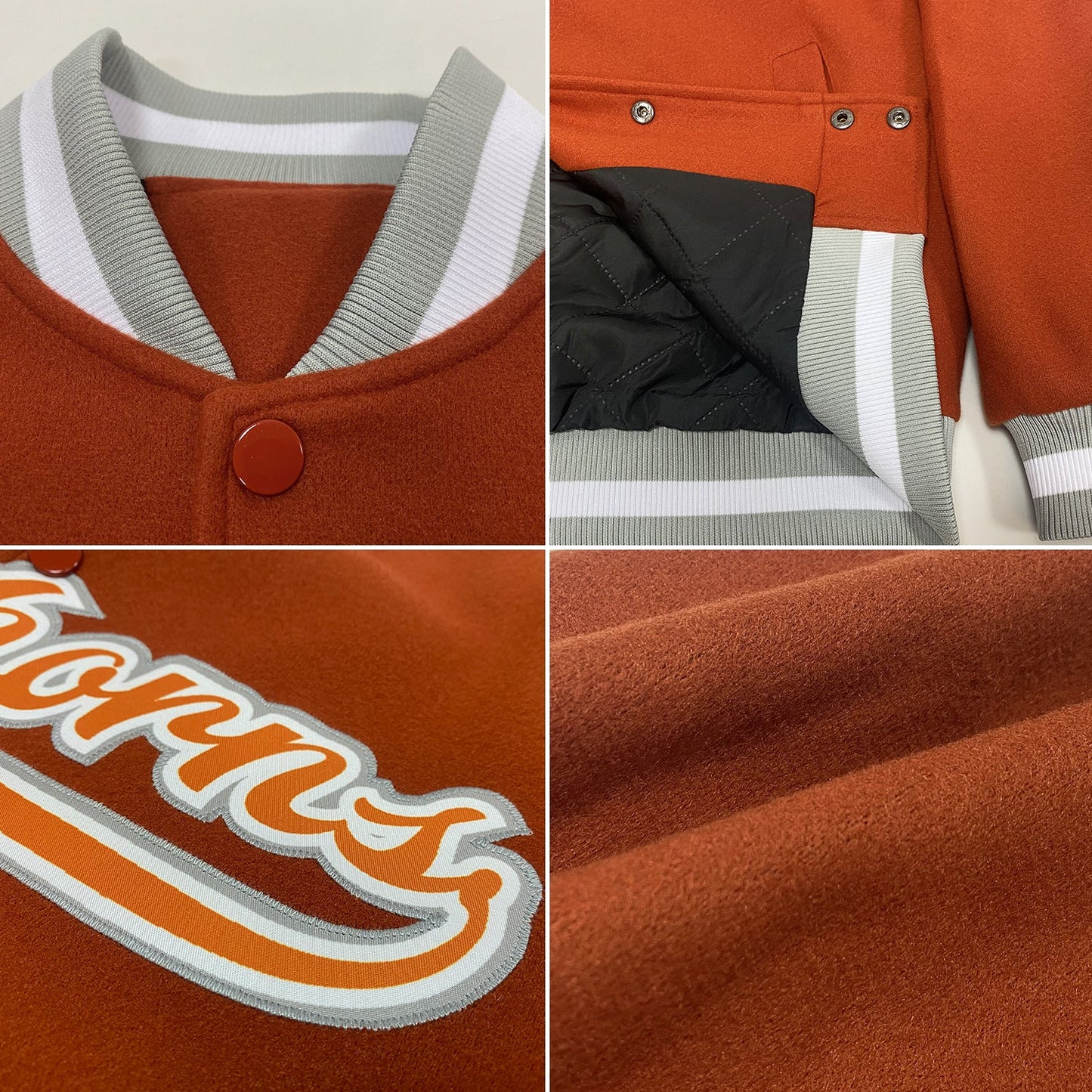 Custom Texas Orange Texas Orange Gray-White Bomber Full-Snap Varsity Letterman Jacket view 4