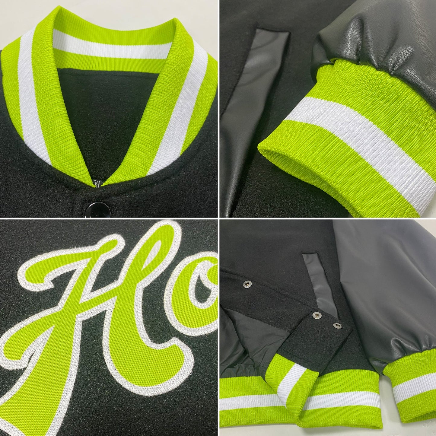 Custom Black Neon Green-White Bomber Full-Snap Varsity Letterman Jacket view 4