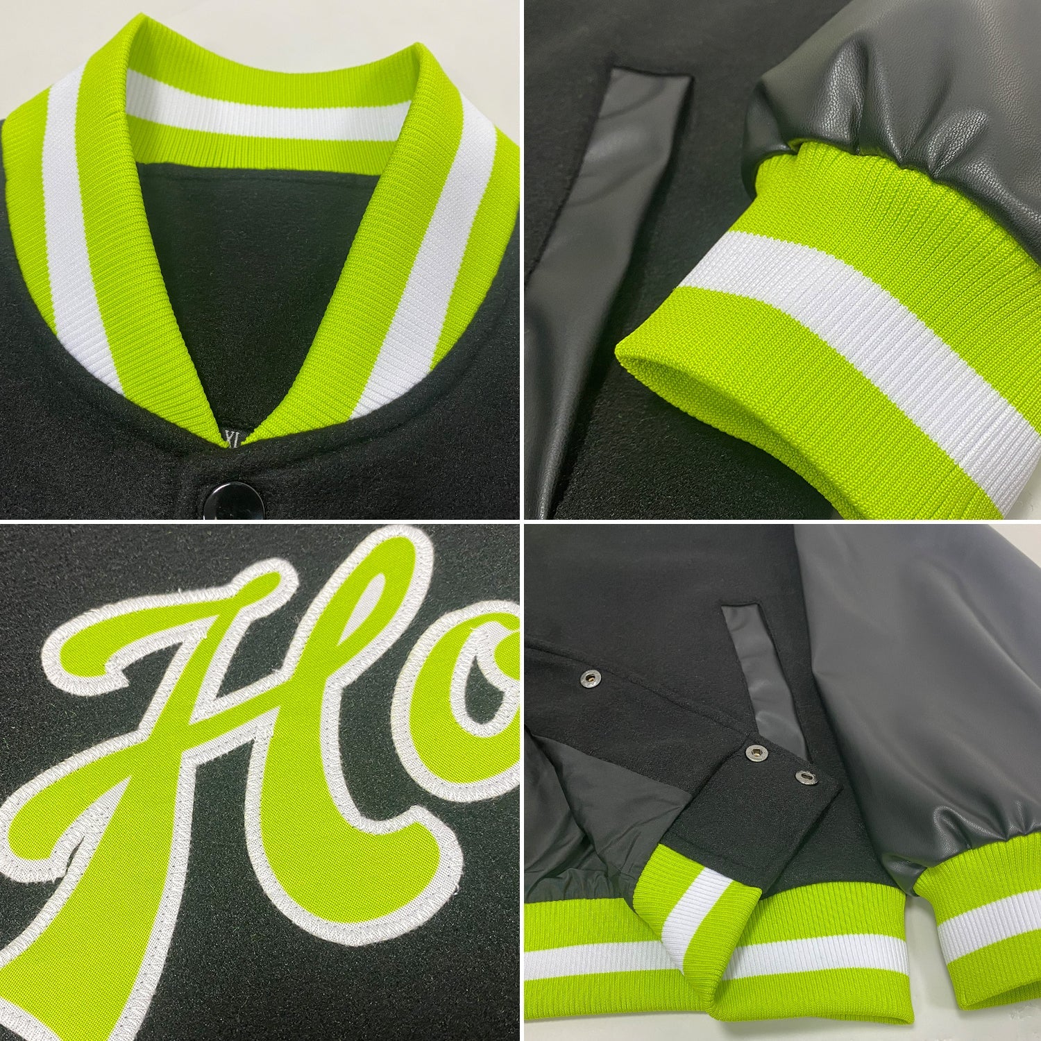 Custom Black Neon Green-White Bomber Full-Snap Varsity Letterman Jacket view 4
