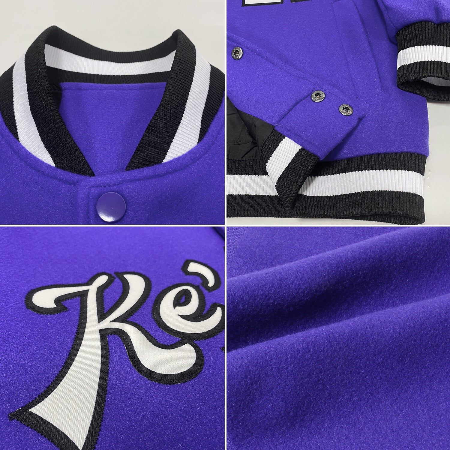 Custom Purple White-Black Bomber Full-Snap Varsity Letterman Jacket view 4