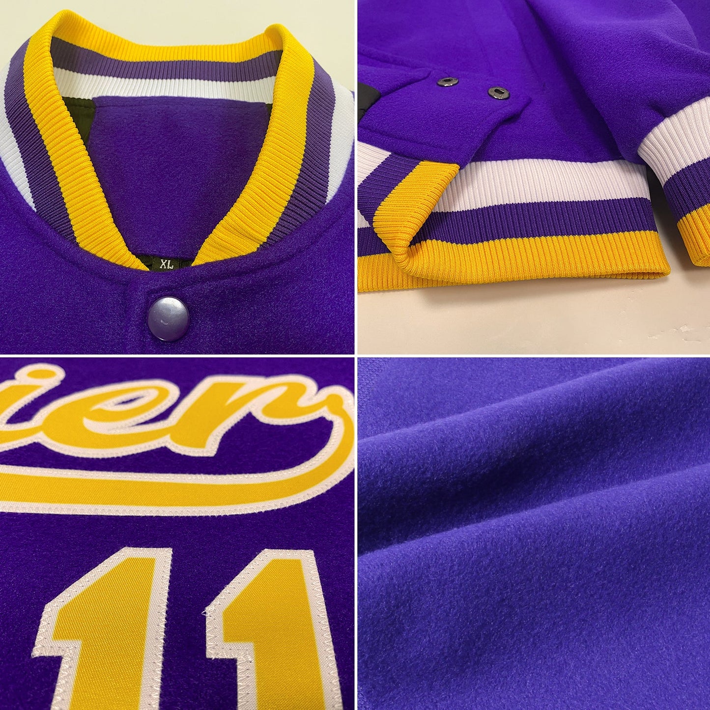 Custom Purple Gold-White Bomber Full-Snap Varsity Letterman Jacket view 4