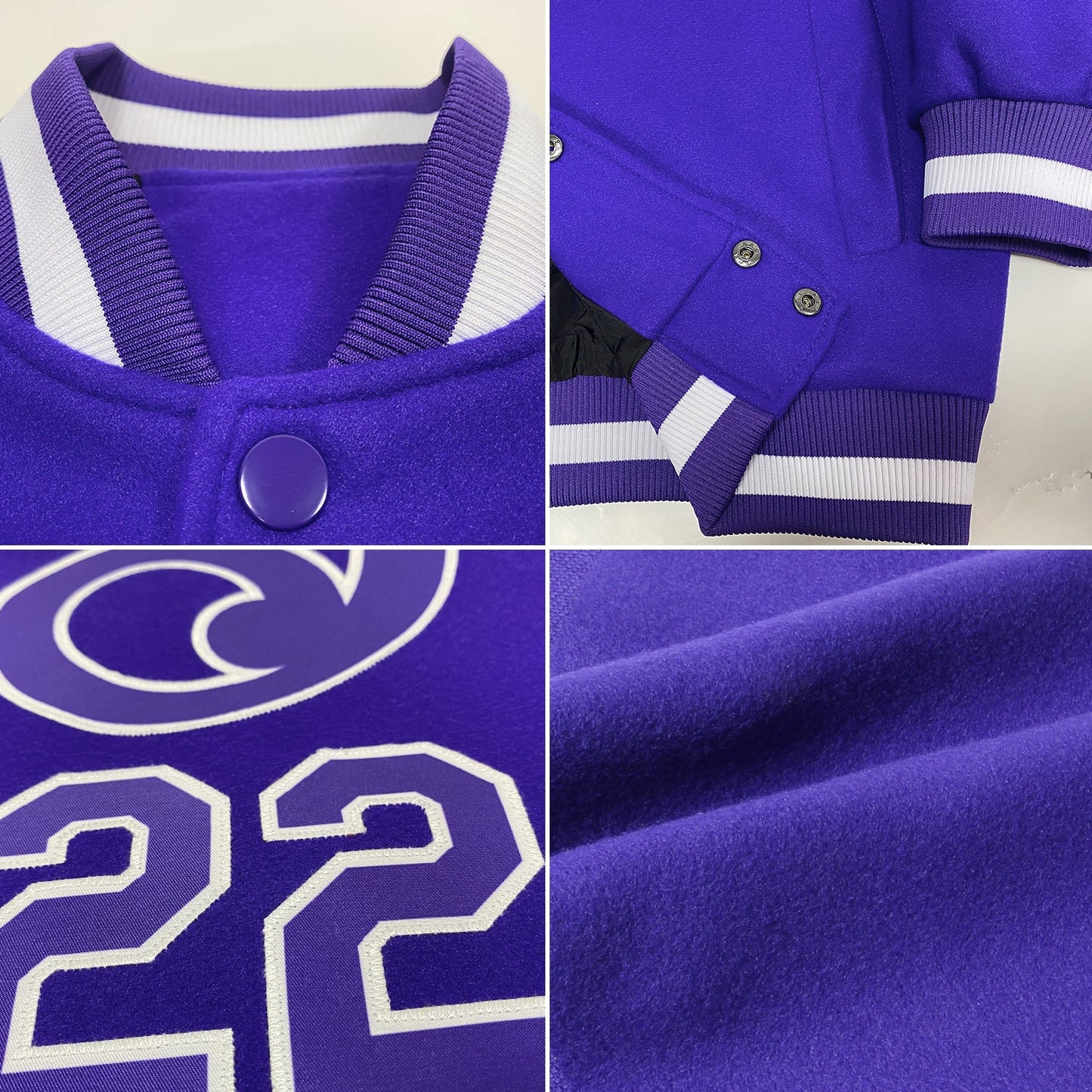 Custom Purple Purple-White Bomber Full-Snap Varsity Letterman Jacket view 4