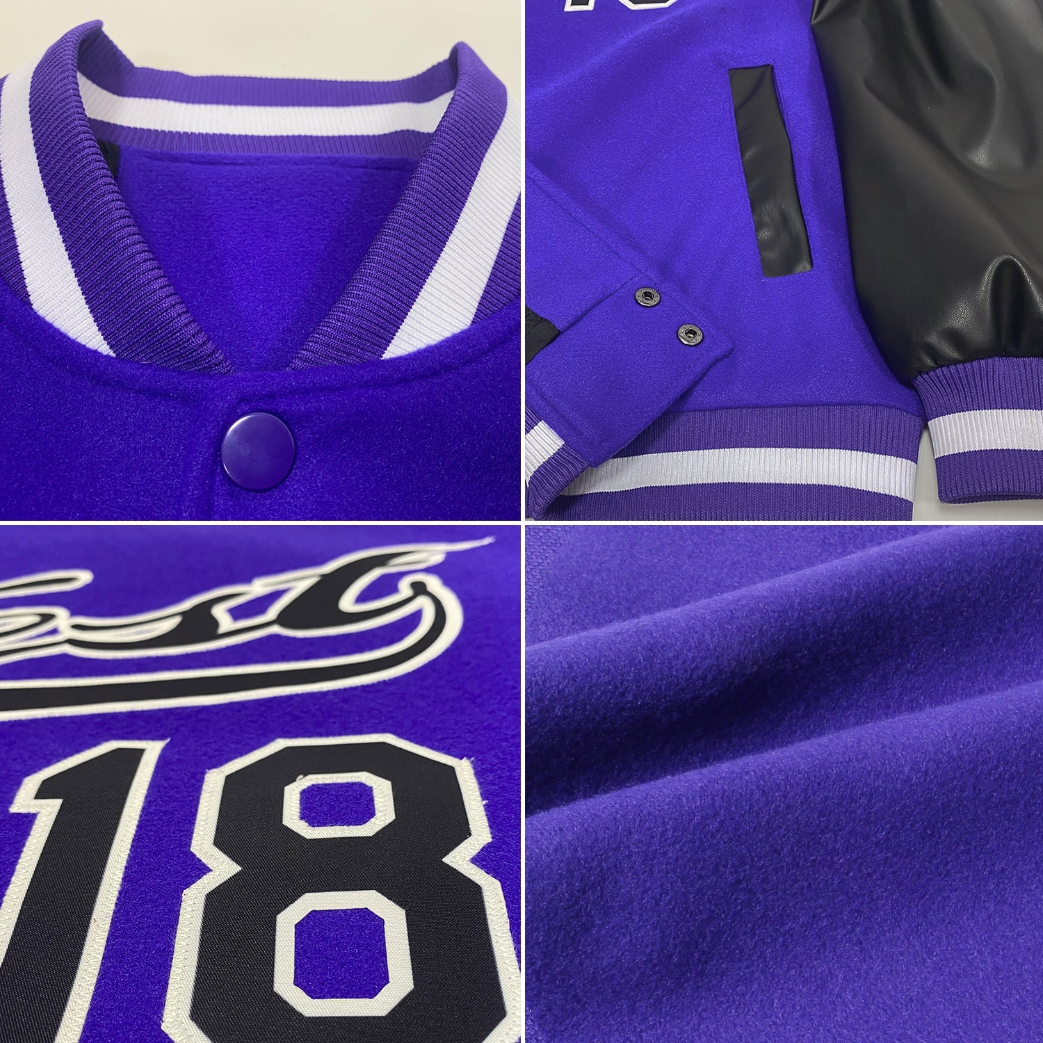 Custom Purple Black-White Bomber Full-Snap Varsity Letterman Two Tone Jacket view 4
