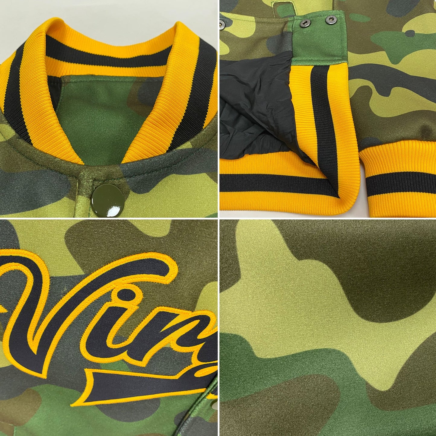 Custom Camo Black-Gold Bomber Full-Snap Varsity Letterman Salute To Service Jacket view 4