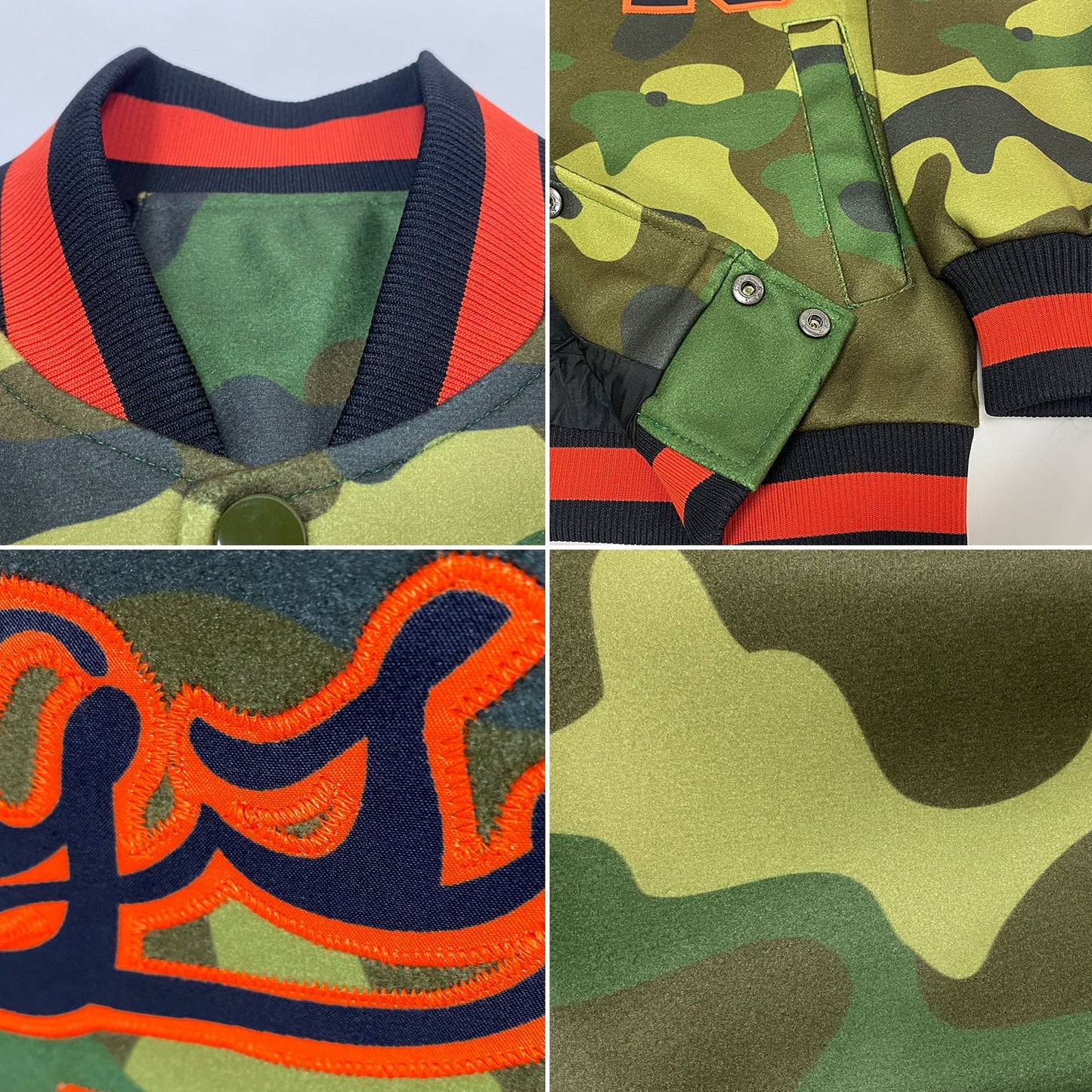 Custom Camo Black-Orange Bomber Full-Snap Varsity Letterman Salute To Service Jacket view 4