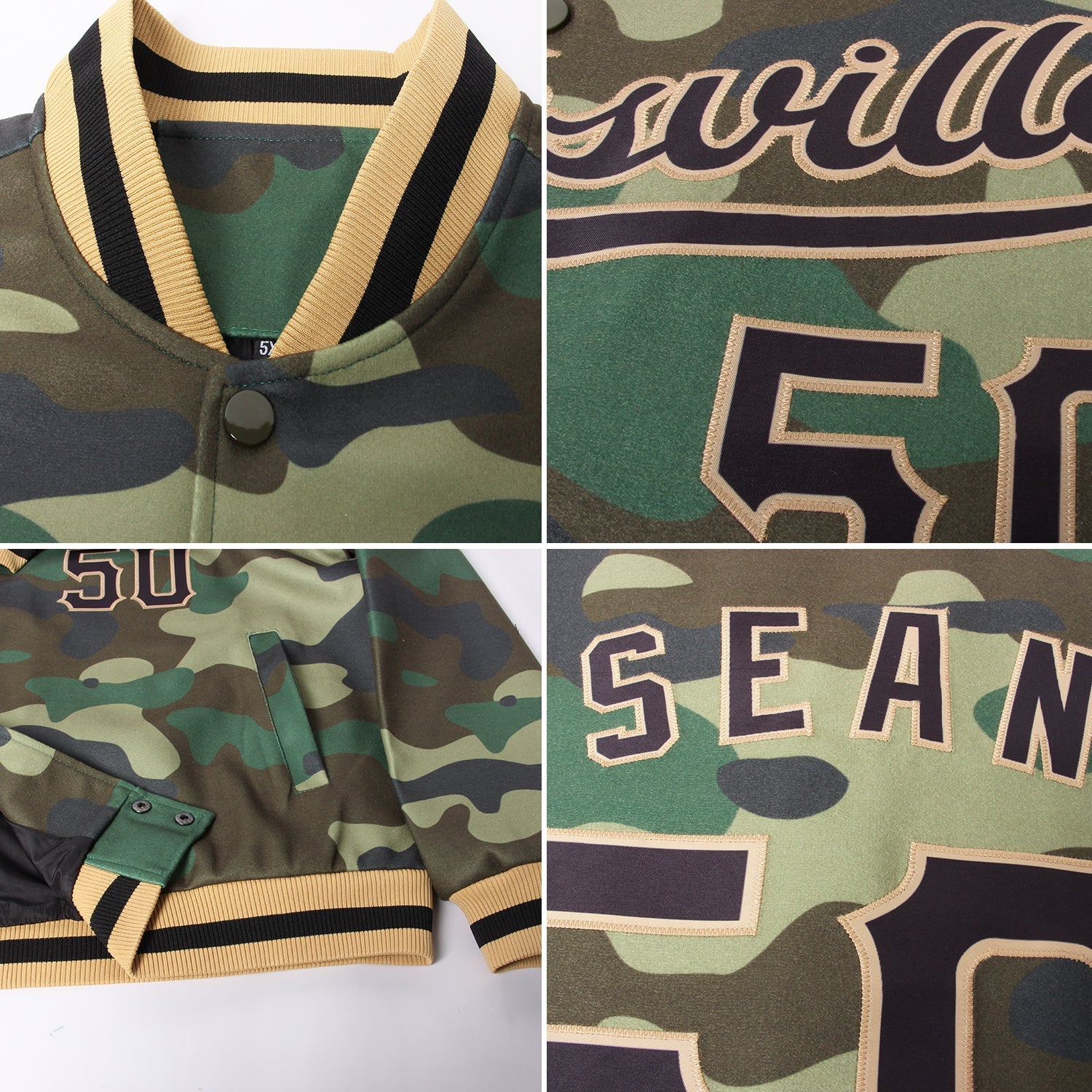 Custom Camo Black-Old Gold Bomber Full-Snap Varsity Letterman Salute To Service Jacket view 4
