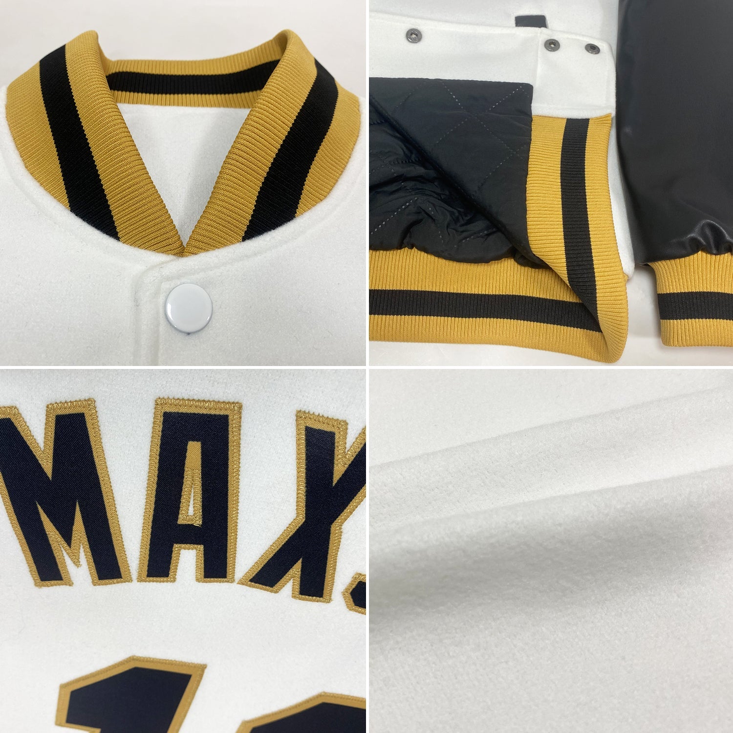 Custom White Black-Old Gold Bomber Full-Snap Varsity Letterman Two Tone Jacket view 4