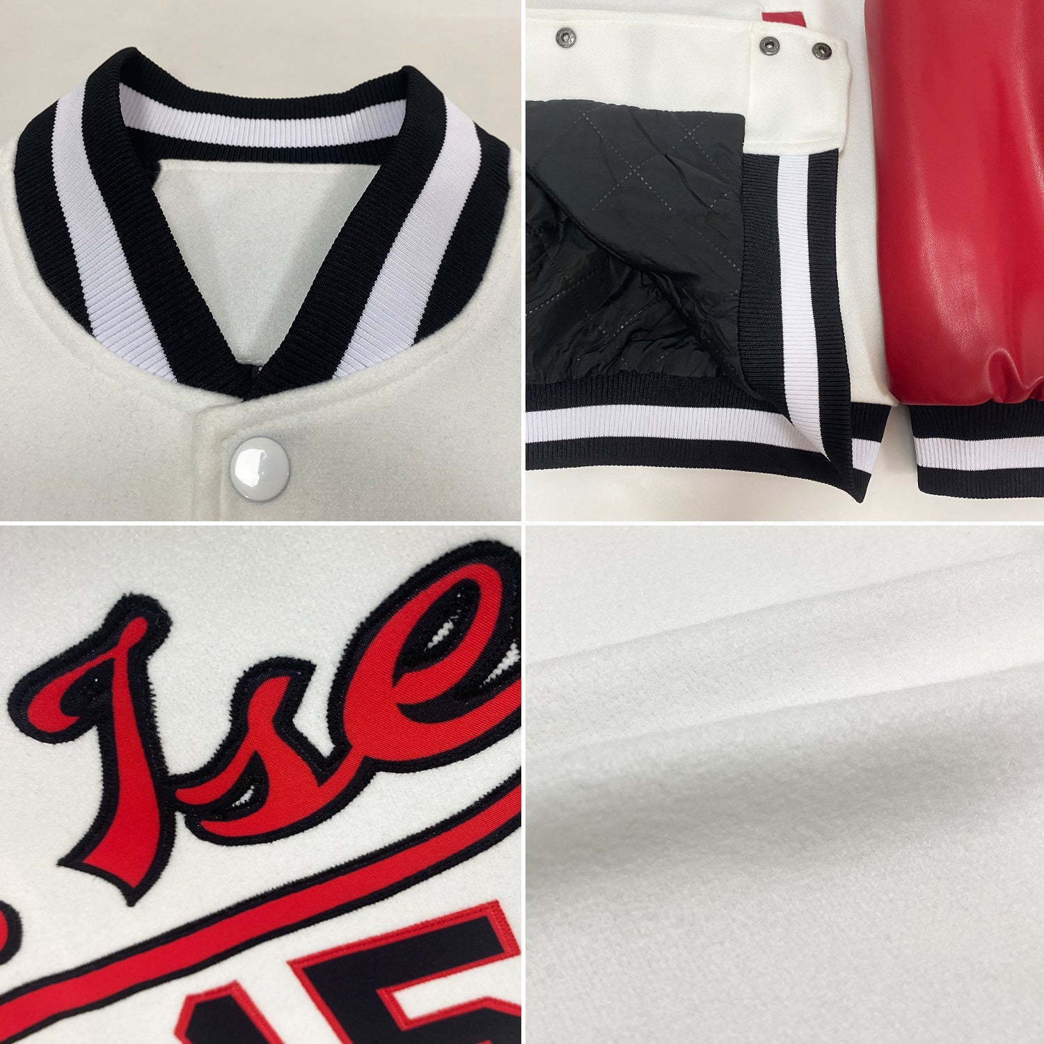 Custom White Black-Red Bomber Full-Snap Varsity Letterman Two Tone Jacket view 4