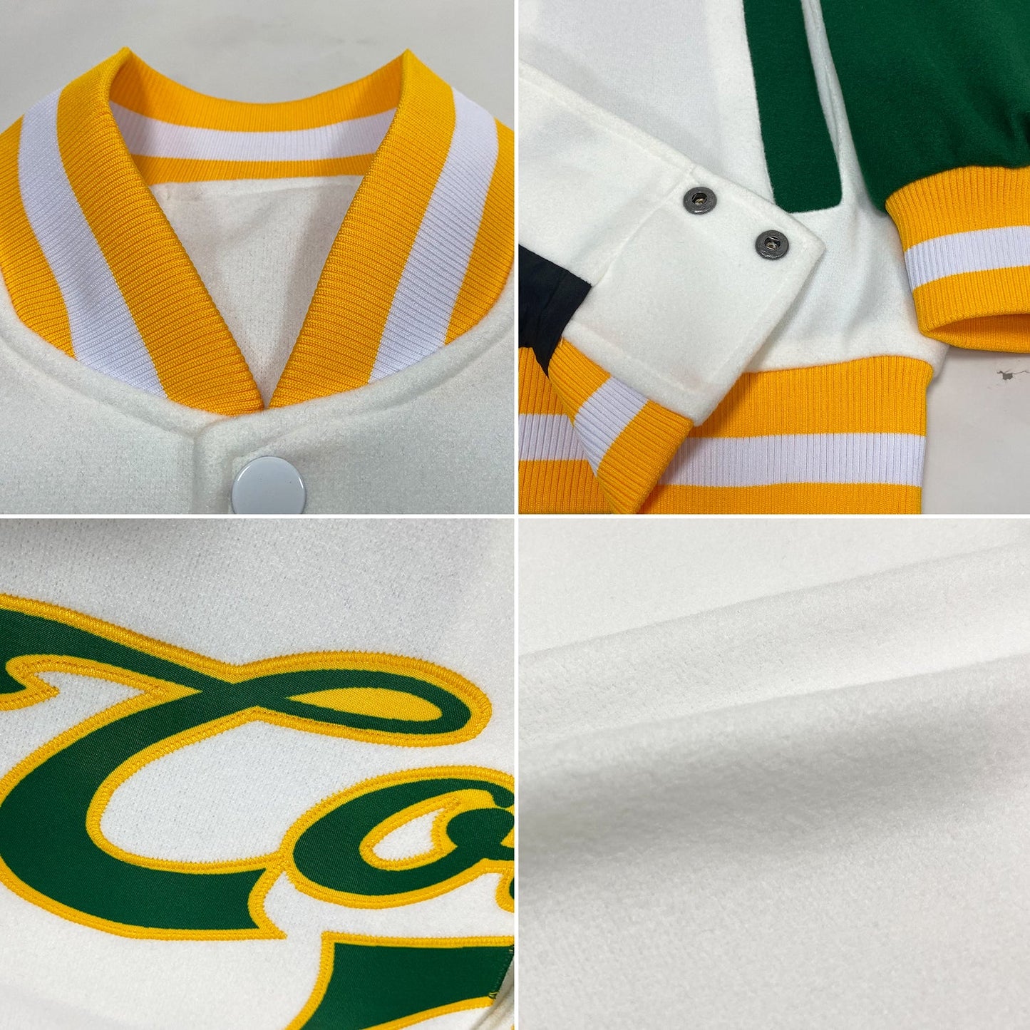 Custom White Kelly Green-Gold Bomber Full-Snap Varsity Letterman Two Tone Jacket view 4
