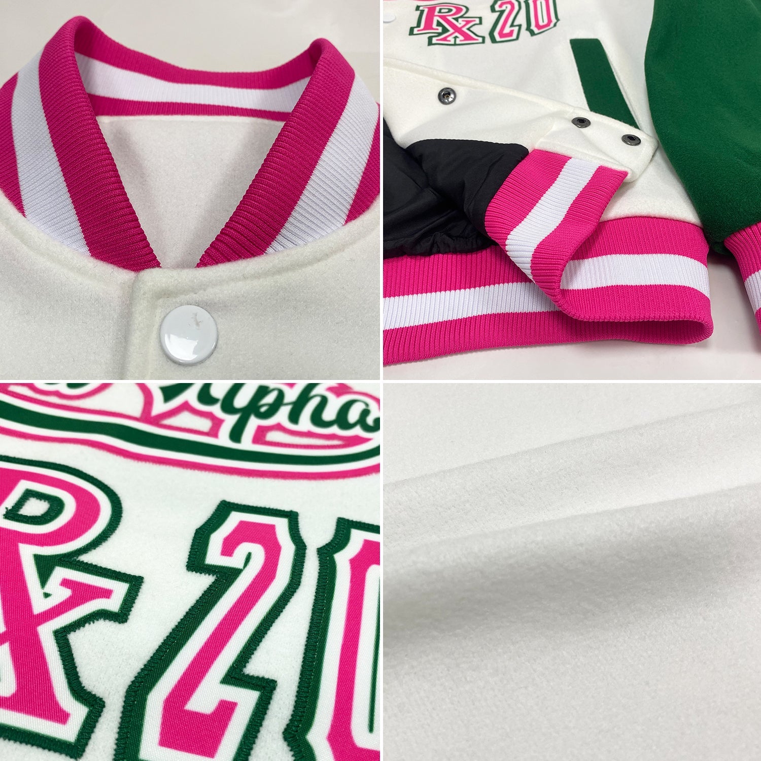 Custom White Pink-Kelly Green Bomber Full-Snap Varsity Letterman Two Tone Jacket view 4