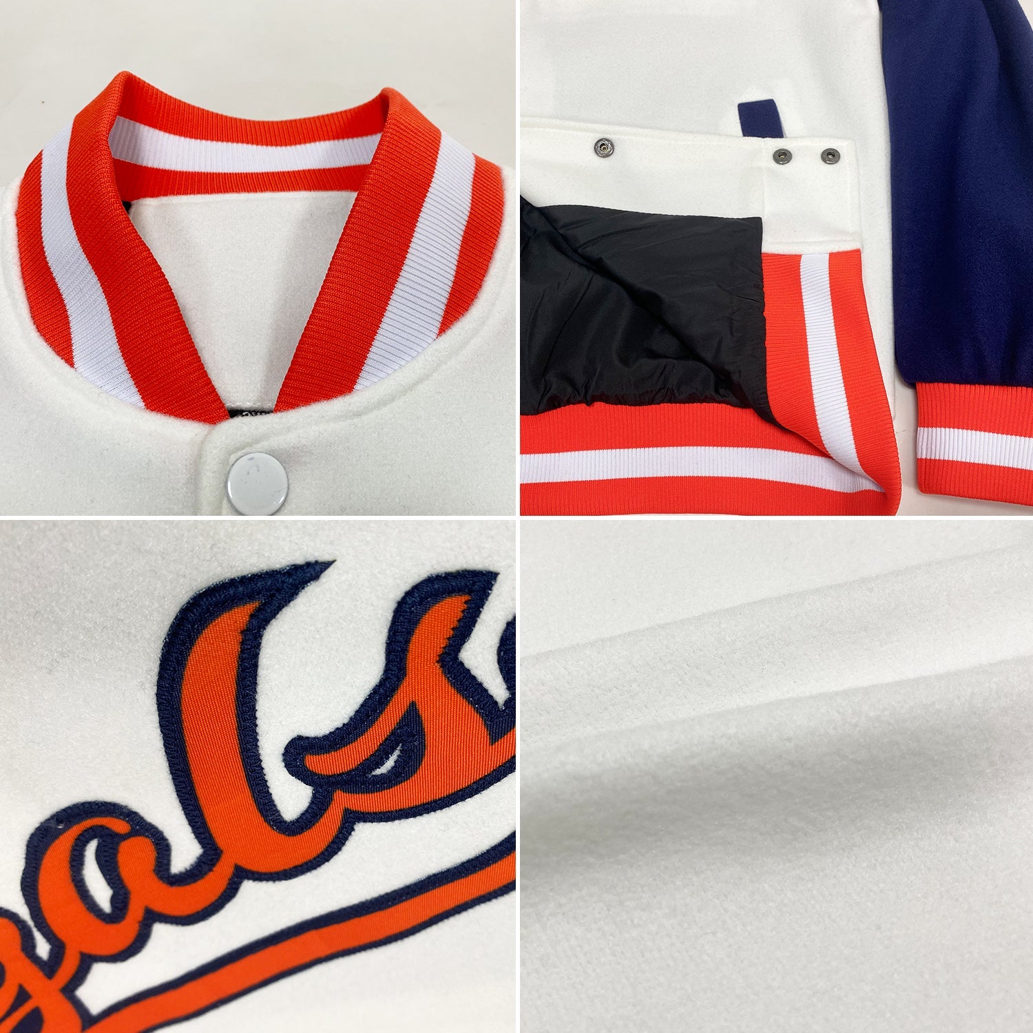 Custom White Orange-Navy Bomber Full-Snap Varsity Letterman Two Tone Jacket view 4