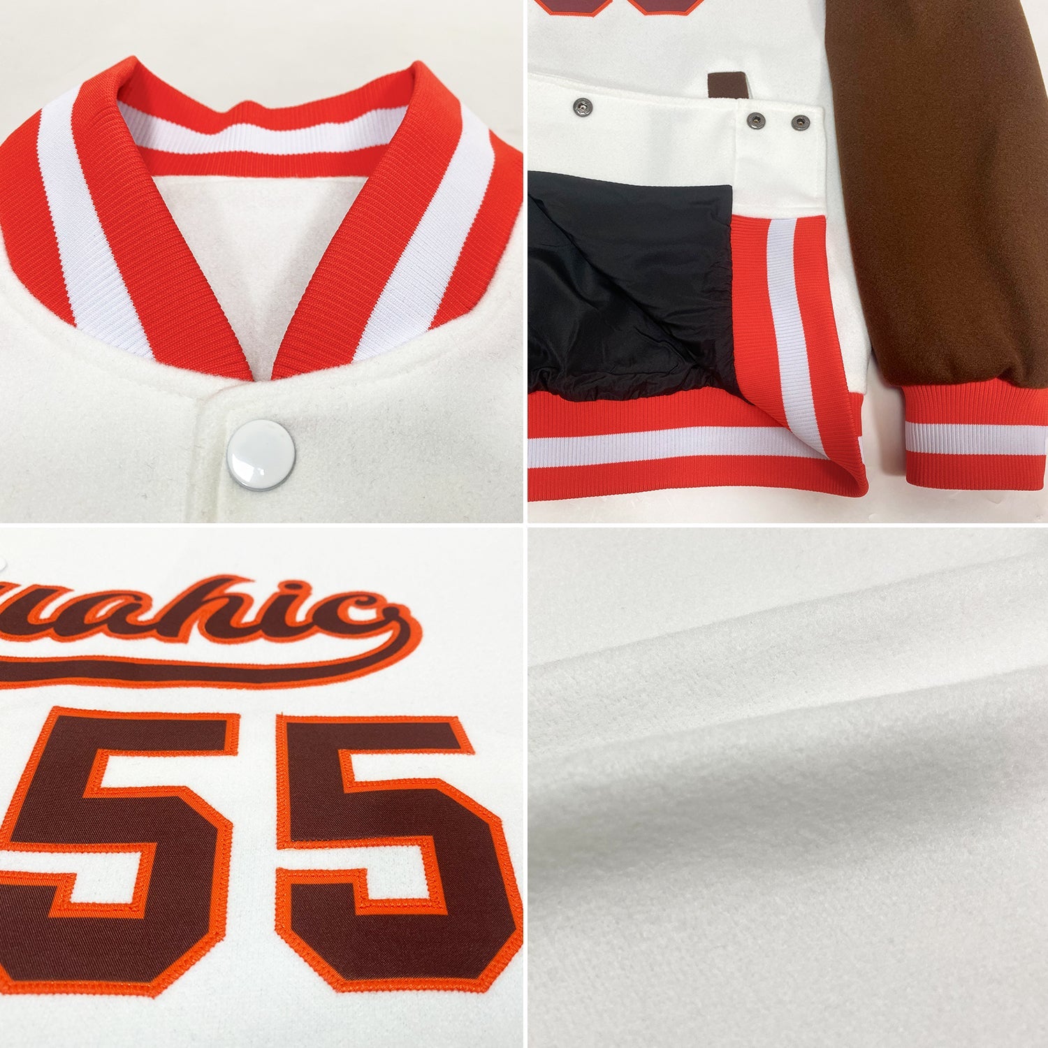 Custom White Brown-Orange Bomber Full-Snap Varsity Letterman Two Tone Jacket view 4