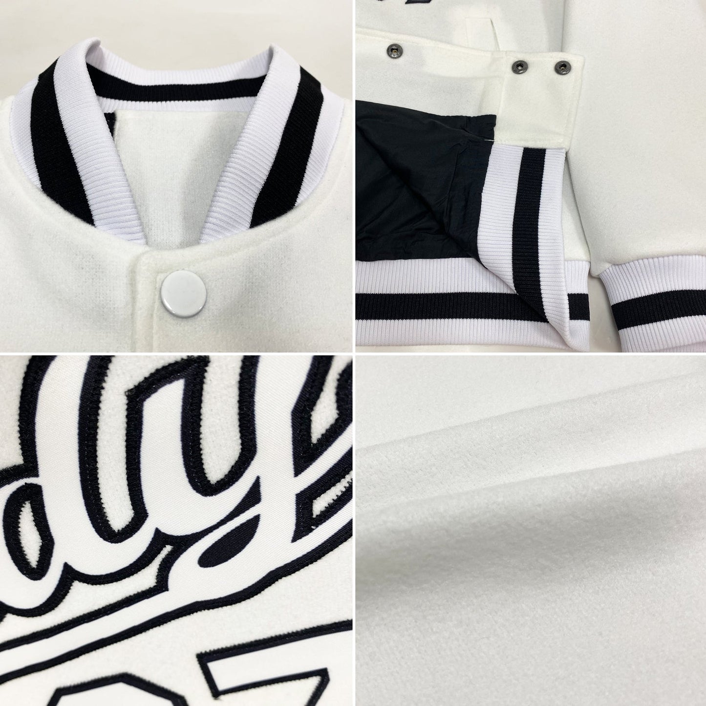 Custom White White-Black Bomber Full-Snap Varsity Letterman Jacket view 4
